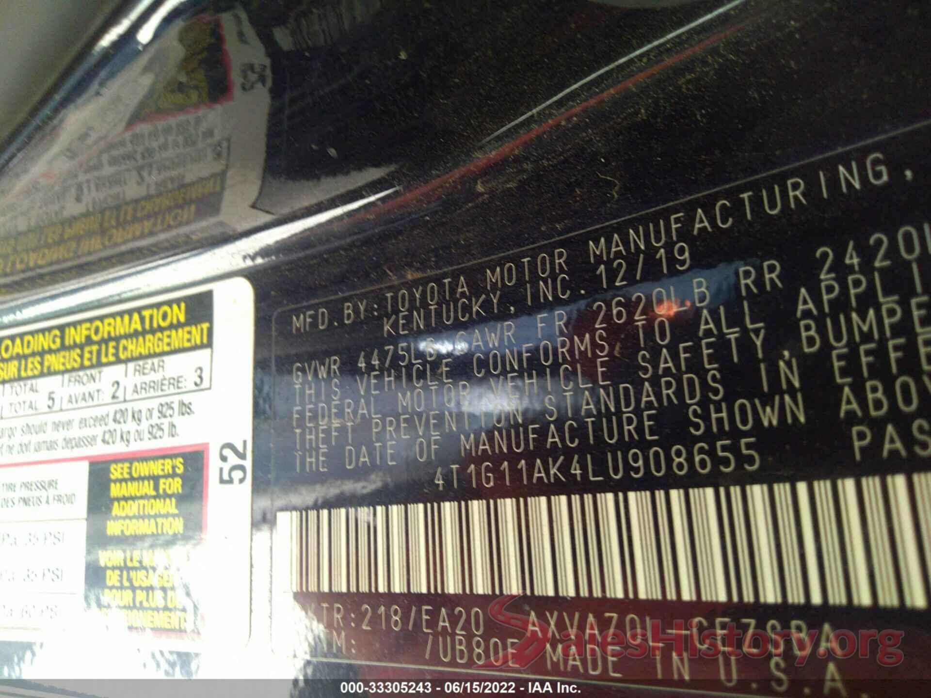 4T1G11AK4LU908655 2020 TOYOTA CAMRY