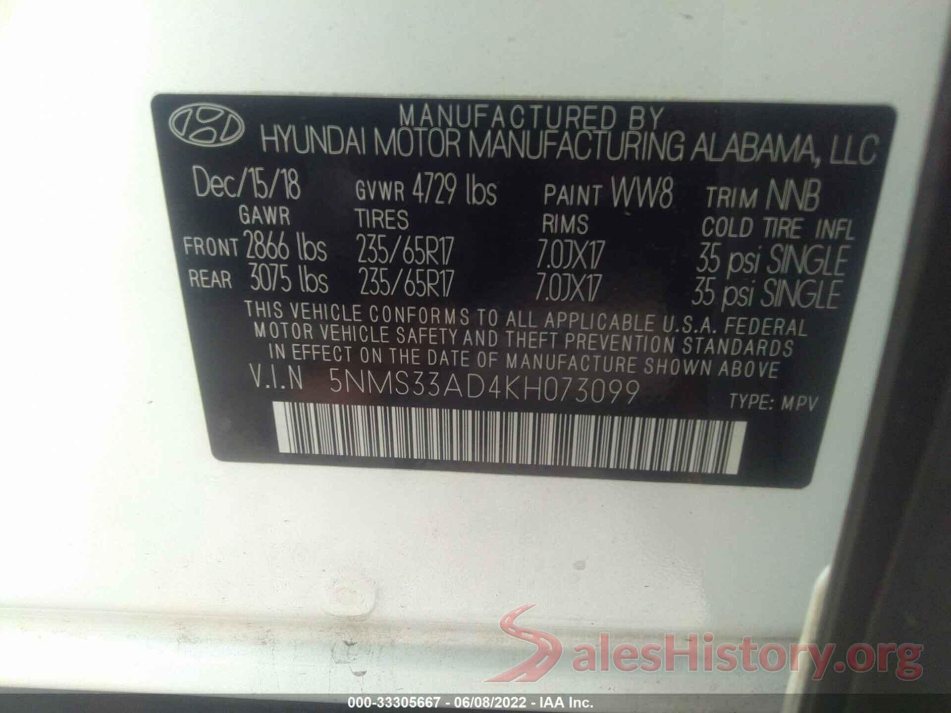 5NMS33AD4KH073099 2019 HYUNDAI SANTA FE