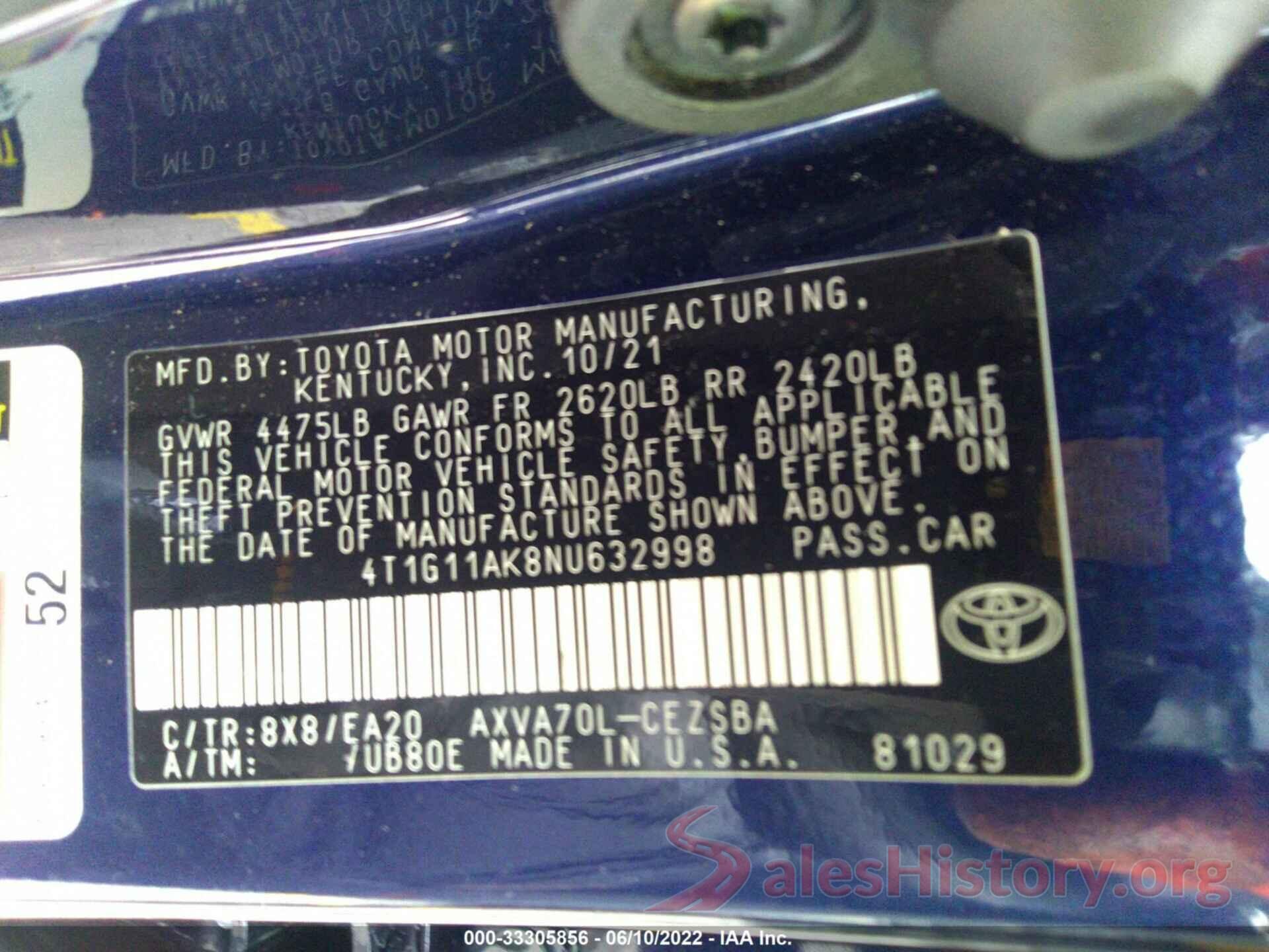 4T1G11AK8NU632998 2022 TOYOTA CAMRY