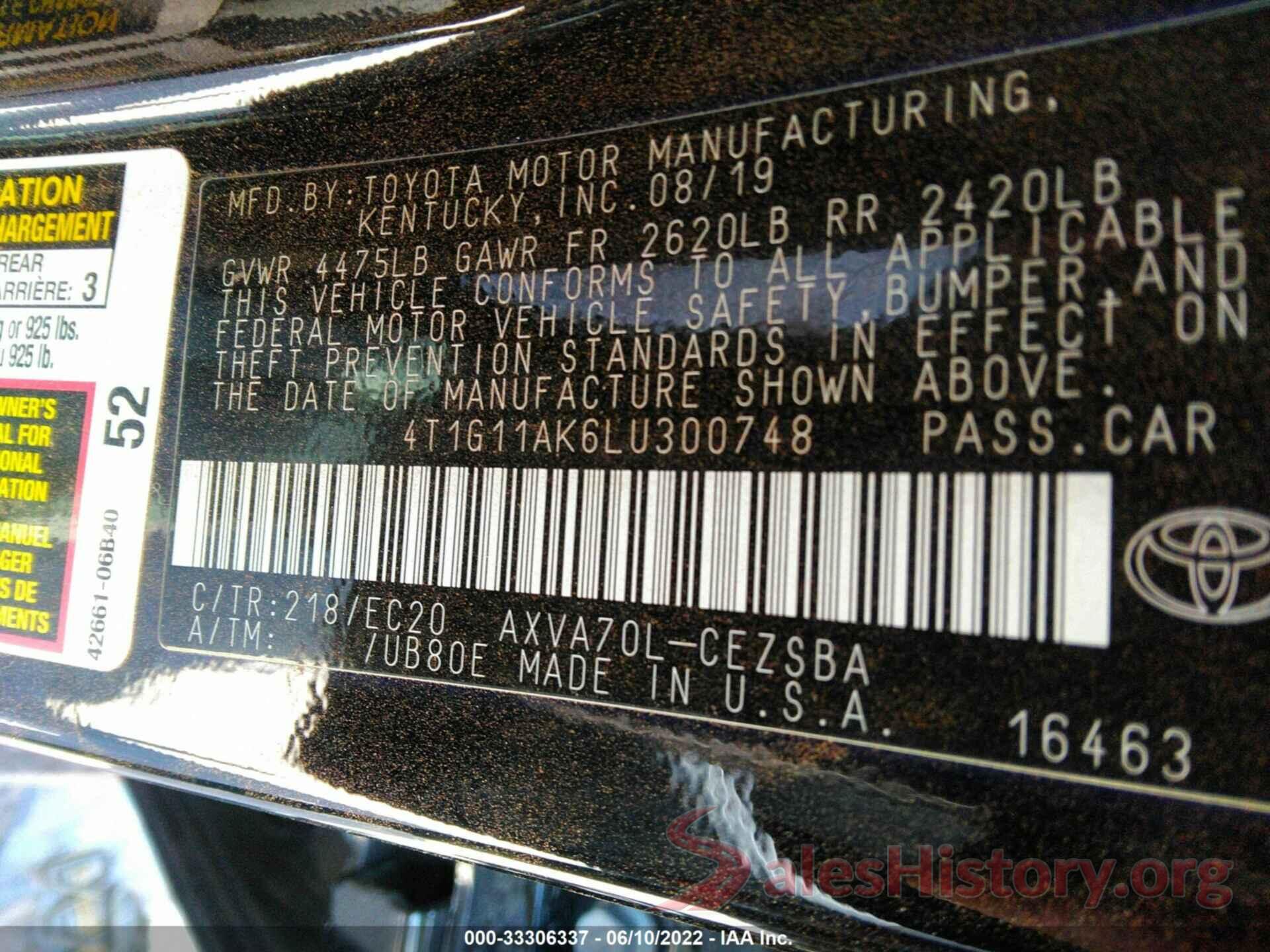 4T1G11AK6LU300748 2020 TOYOTA CAMRY