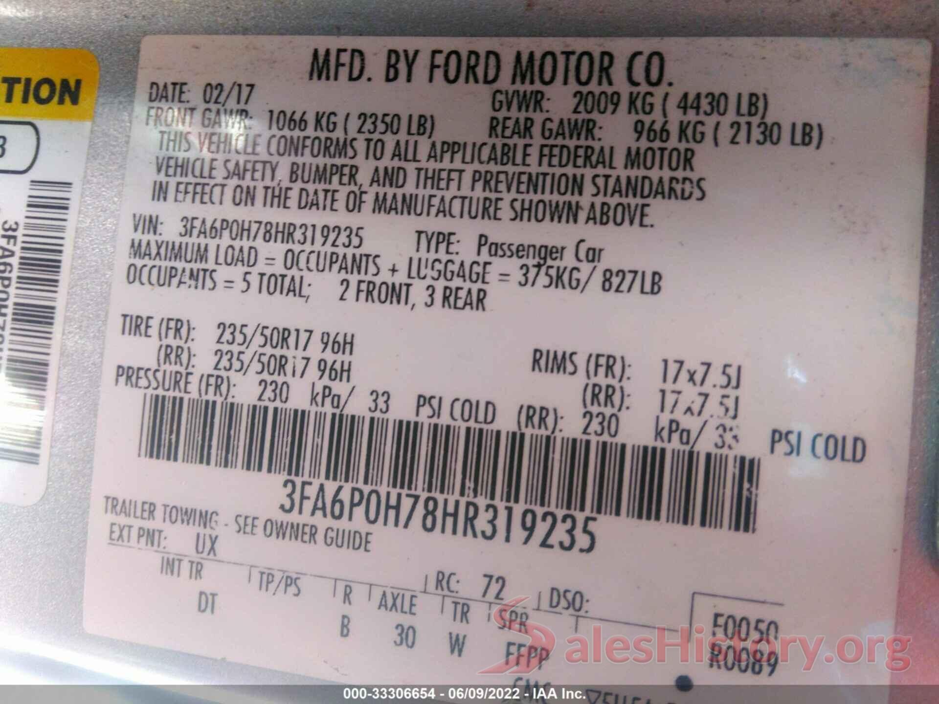 3FA6P0H78HR319235 2017 FORD FUSION