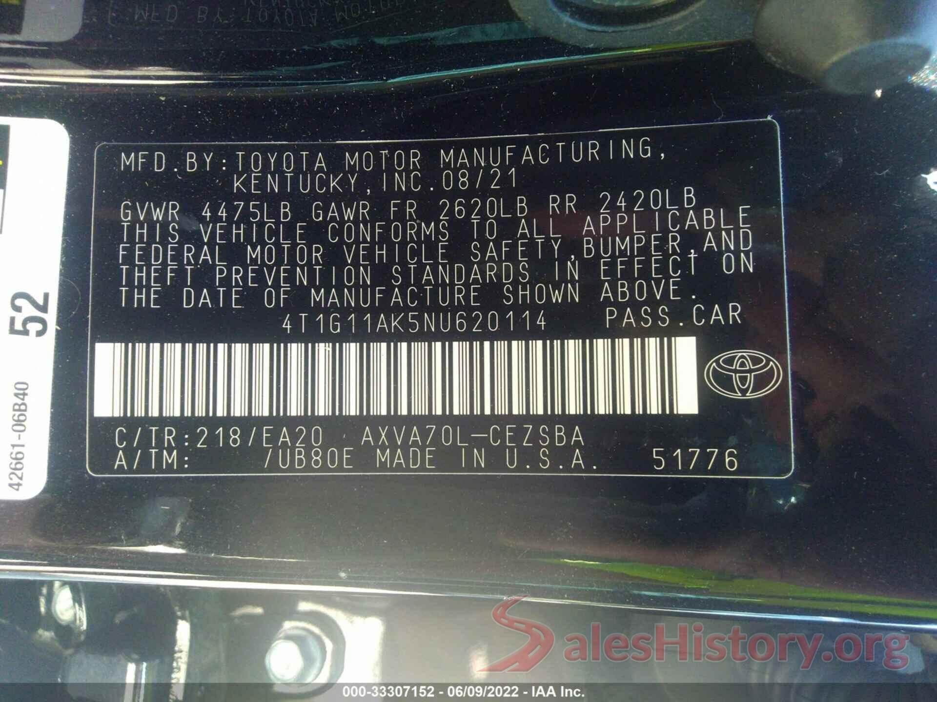 4T1G11AK5NU620114 2022 TOYOTA CAMRY