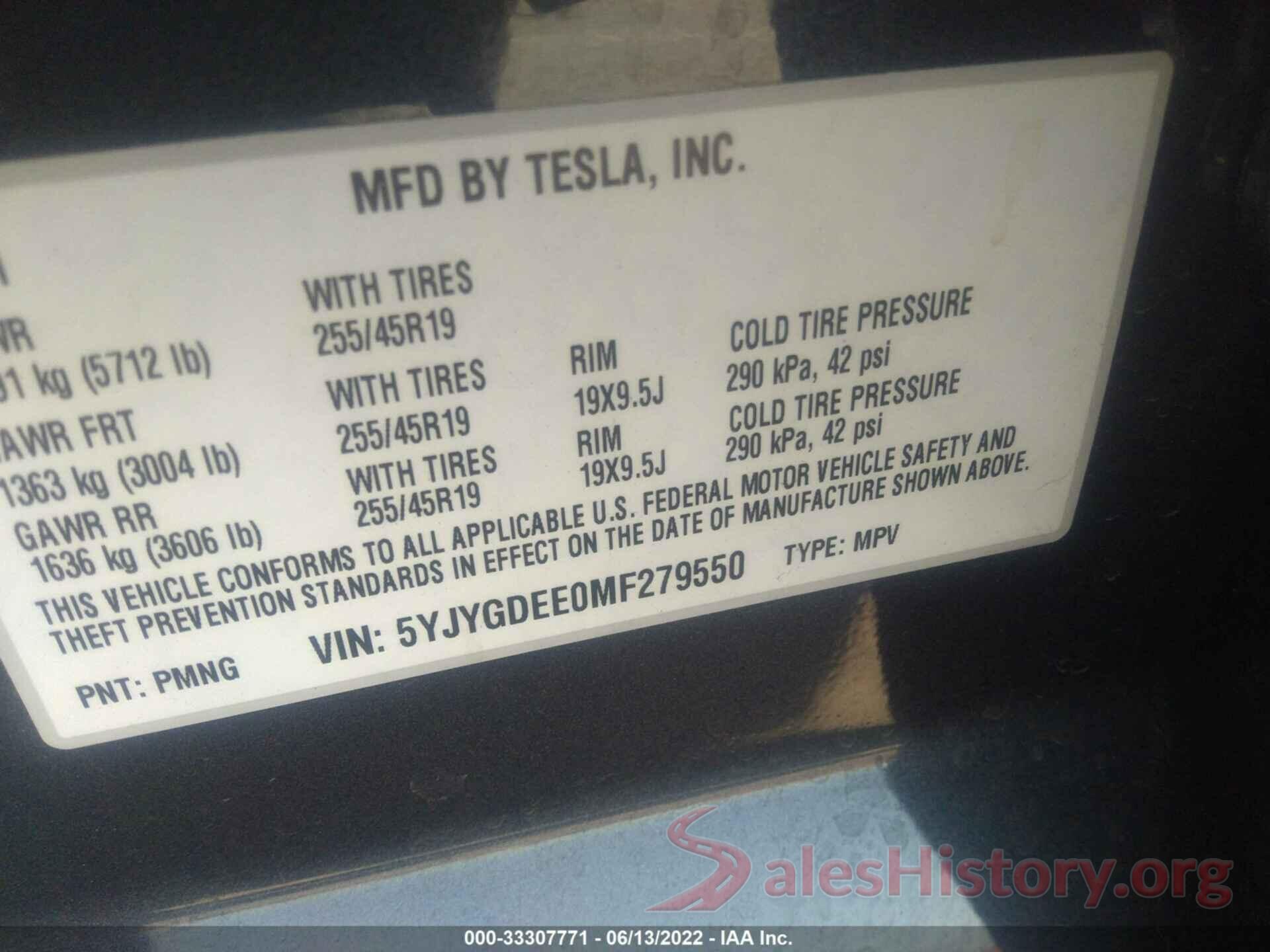 5YJYGDEE0MF279550 2021 TESLA MODEL Y