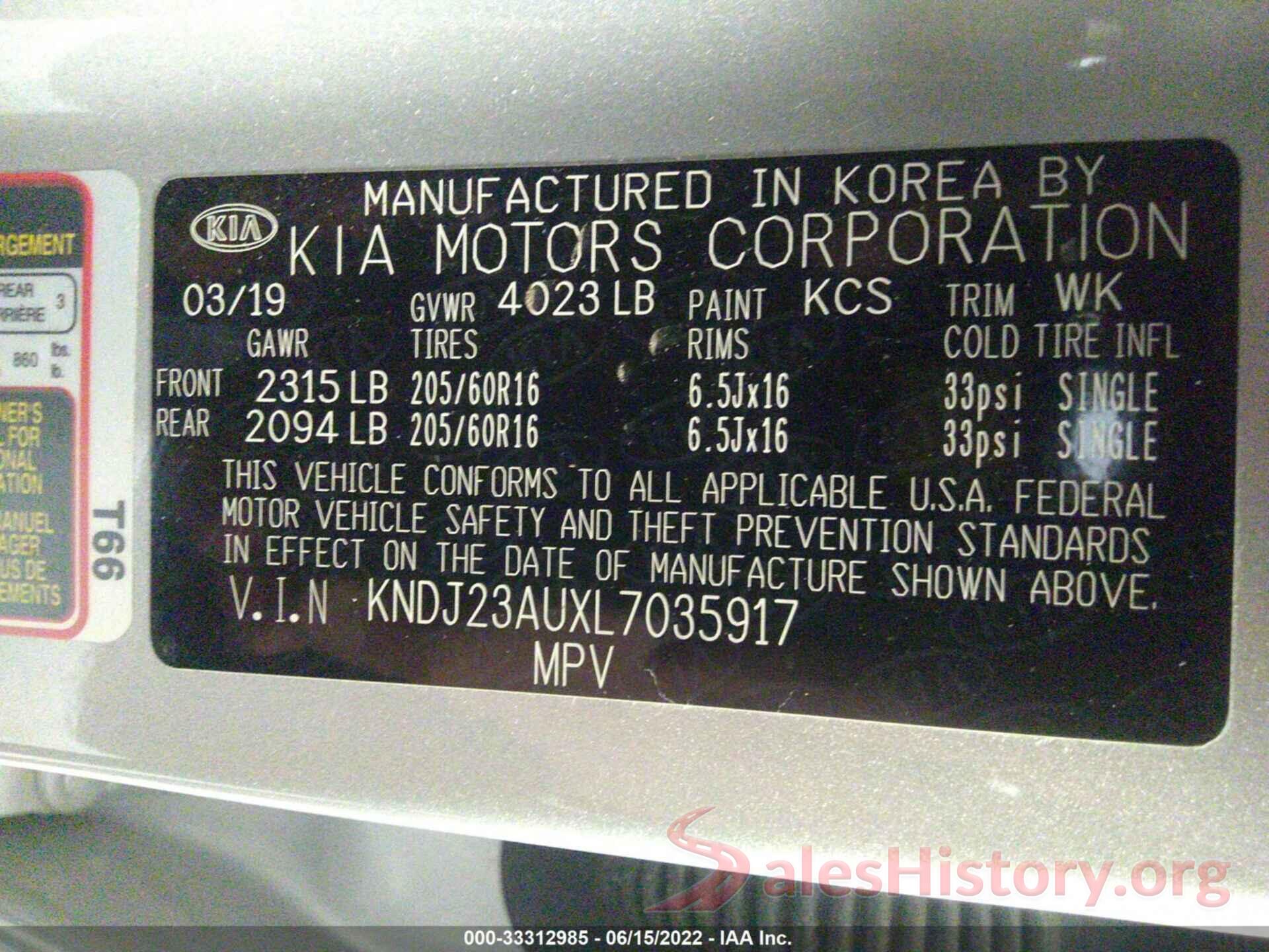 KNDJ23AUXL7035917 2020 KIA SOUL