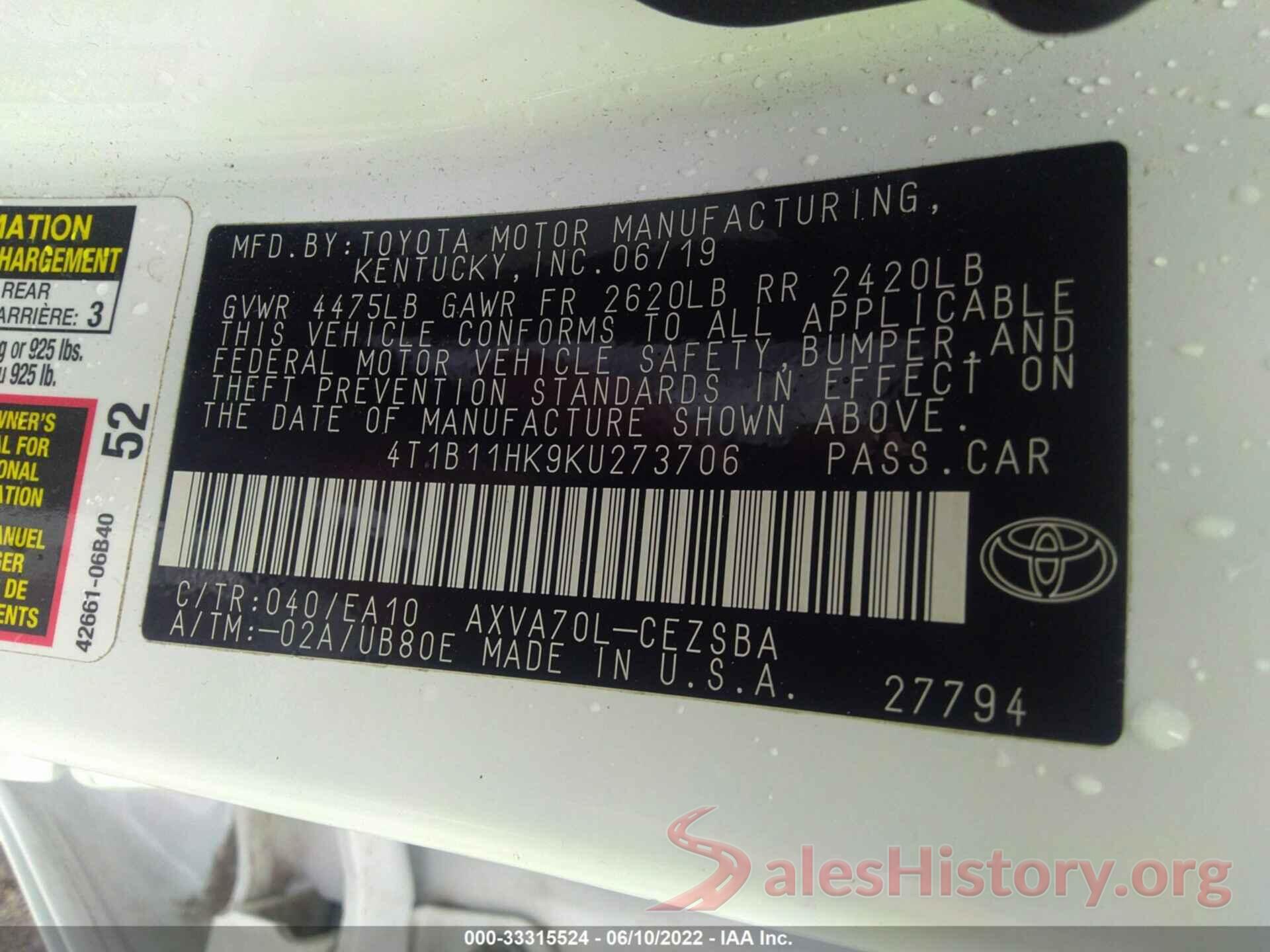 4T1B11HK9KU273706 2019 TOYOTA CAMRY