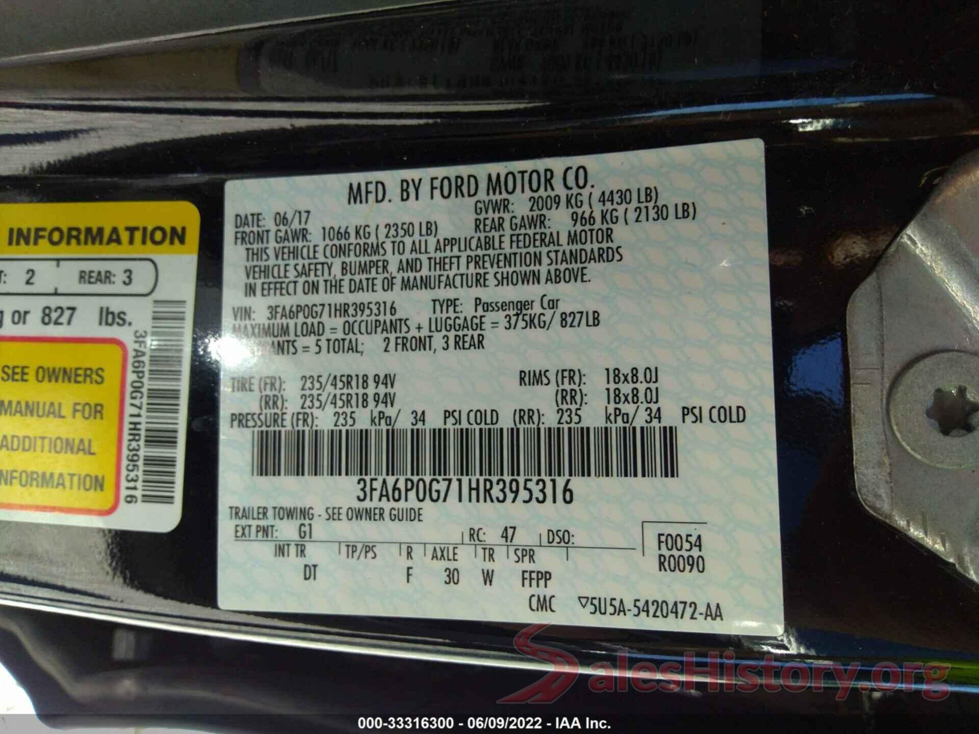 3FA6P0G71HR395316 2017 FORD FUSION