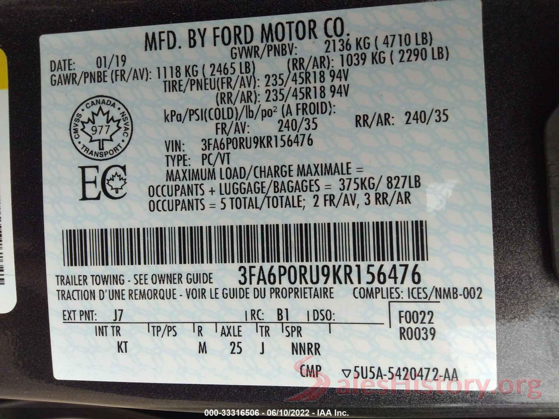 3FA6P0RU9KR156476 2019 FORD FUSION HYBRID