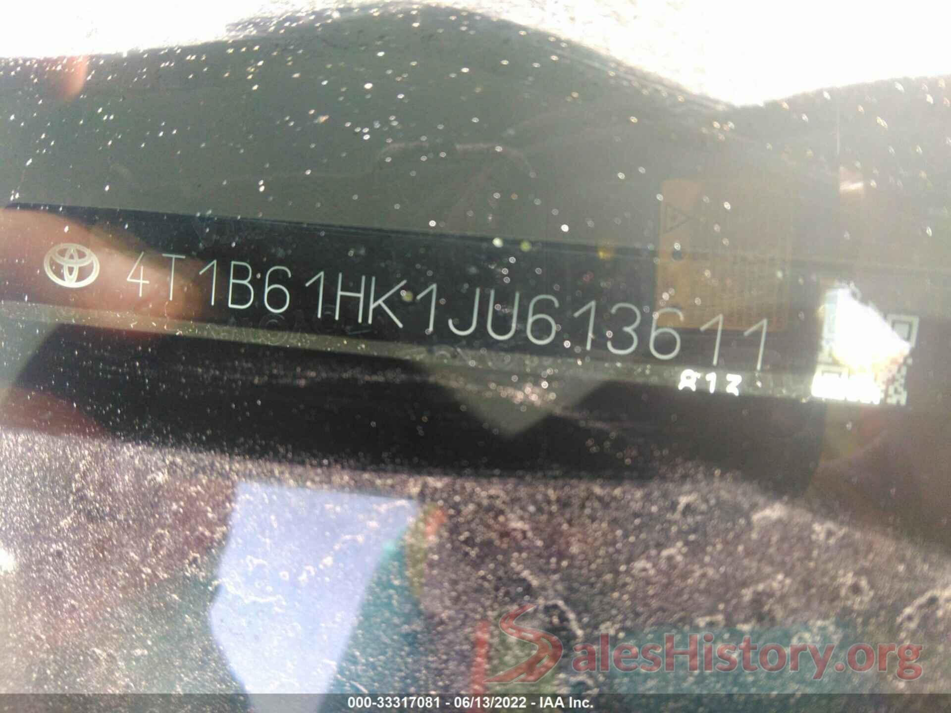 4T1B61HK1JU613611 2018 TOYOTA CAMRY