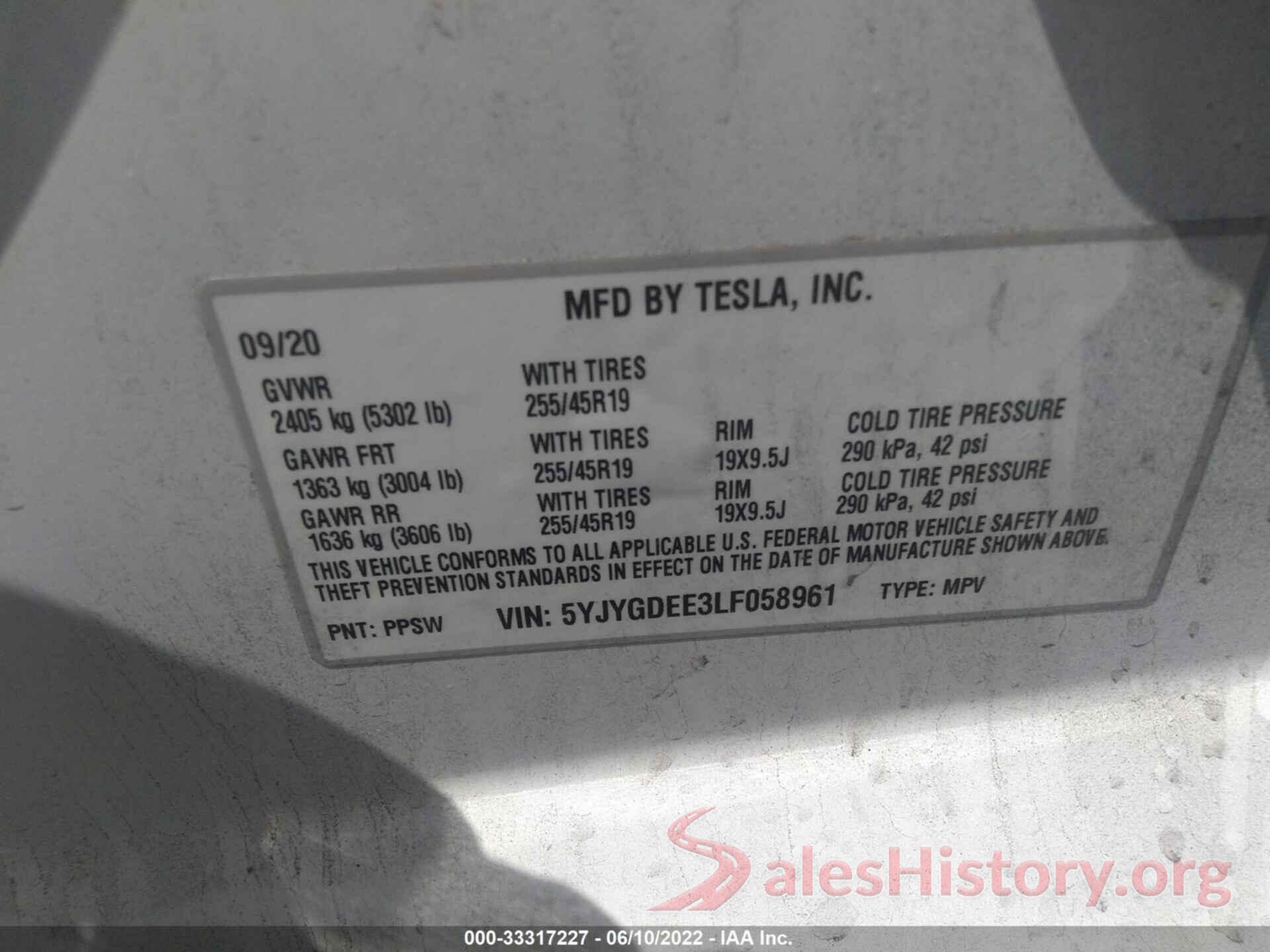 5YJYGDEE3LF058961 2020 TESLA MODEL Y