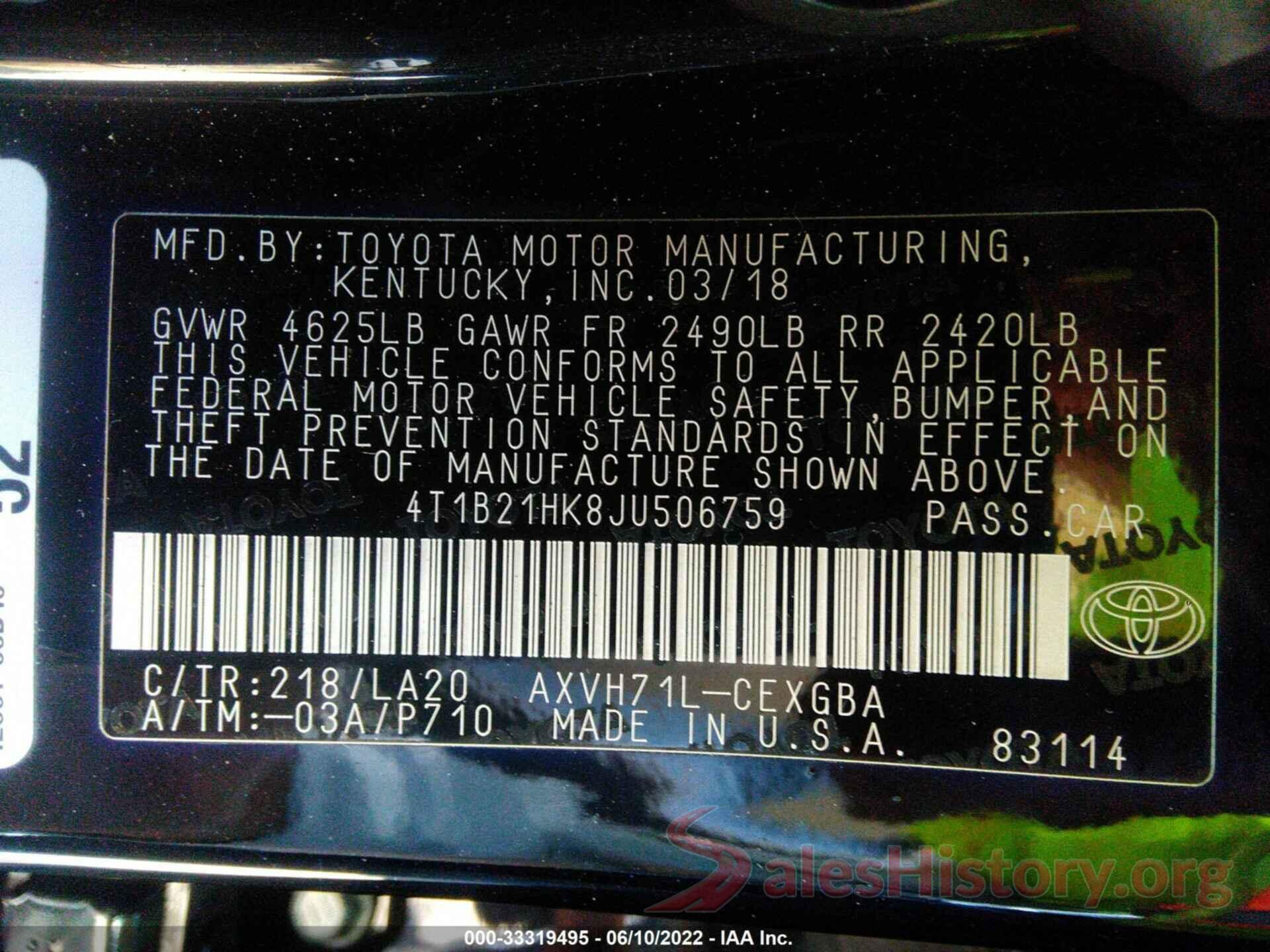 4T1B21HK8JU506759 2018 TOYOTA CAMRY