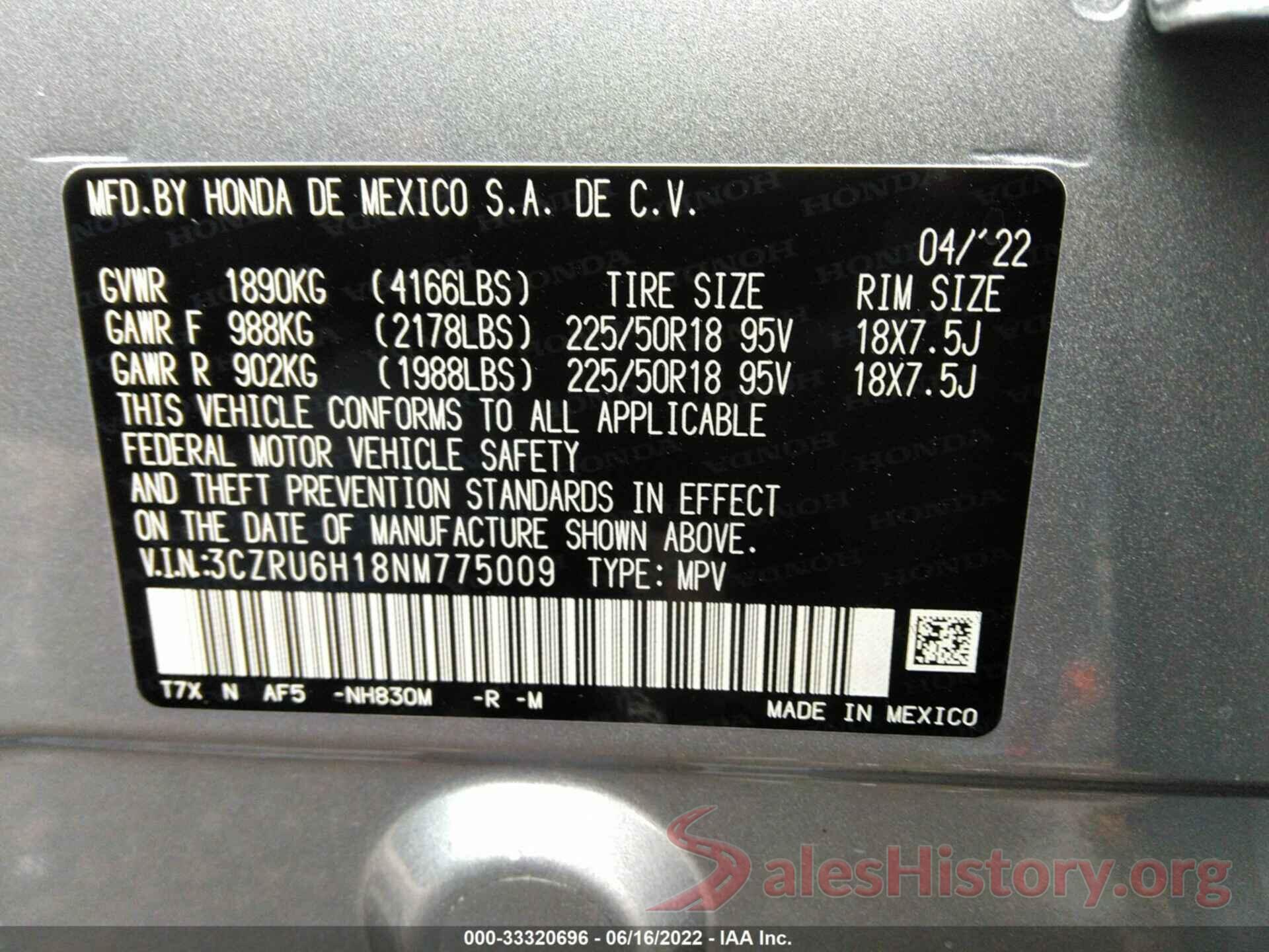 3CZRU6H18NM775009 2022 HONDA HR-V