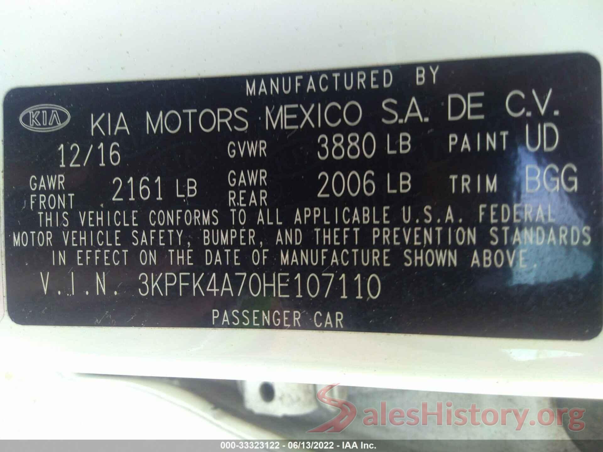 3KPFK4A70HE107110 2017 KIA FORTE