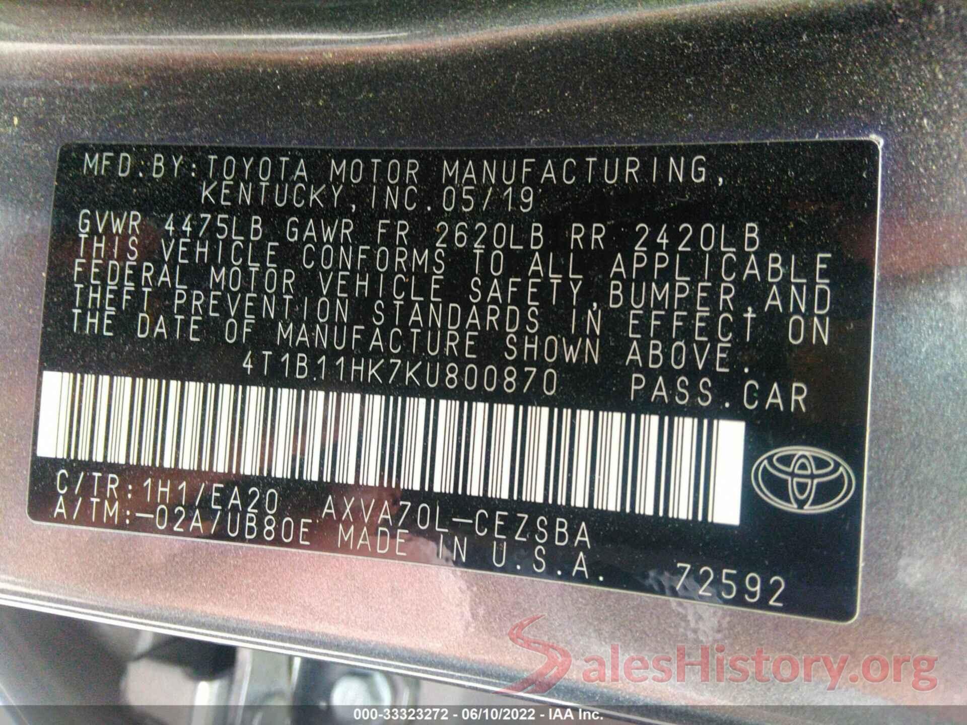 4T1B11HK7KU800870 2019 TOYOTA CAMRY