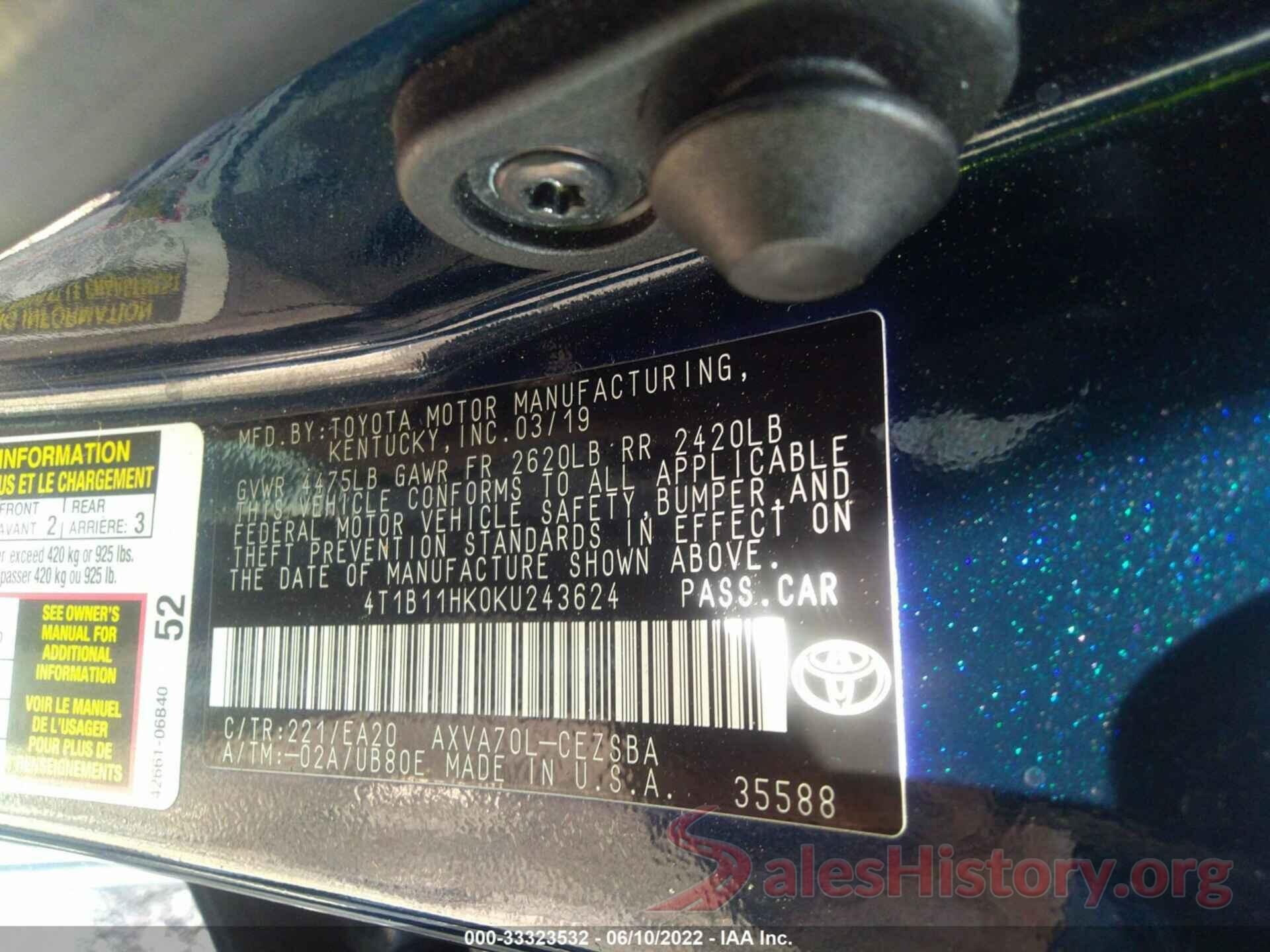 4T1B11HK0KU243624 2019 TOYOTA CAMRY