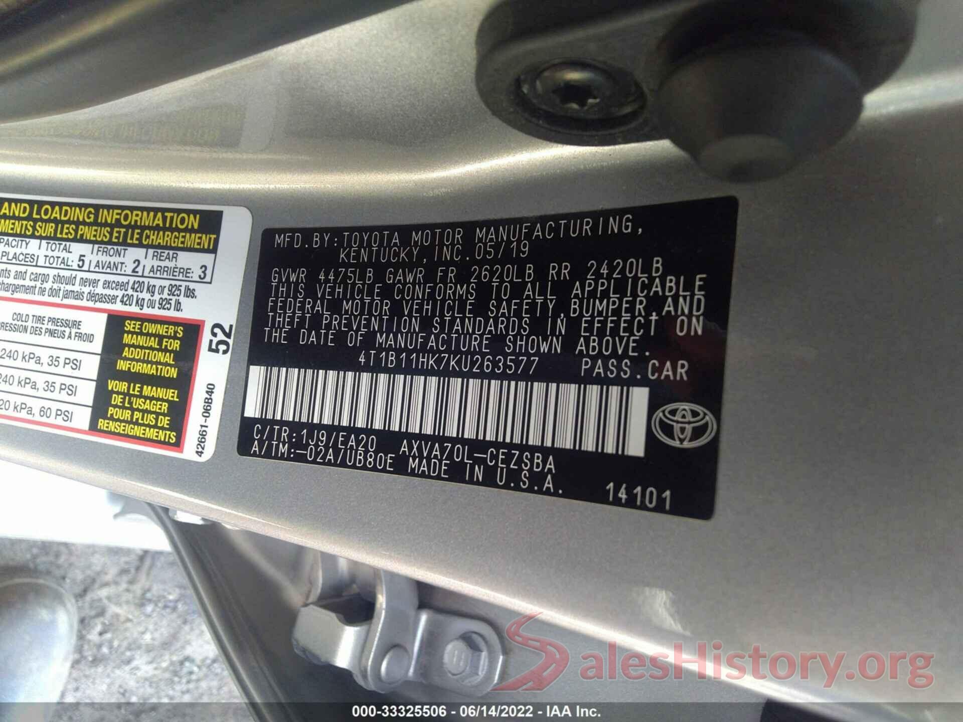 4T1B11HK7KU263577 2019 TOYOTA CAMRY