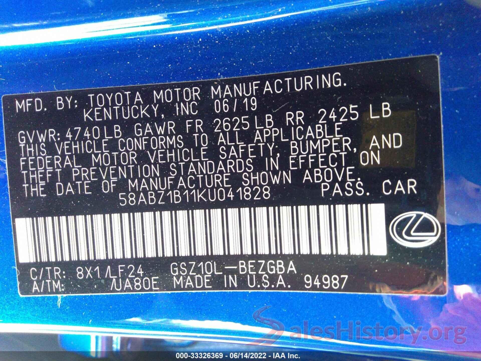 58ABZ1B11KU041828 2019 LEXUS ES