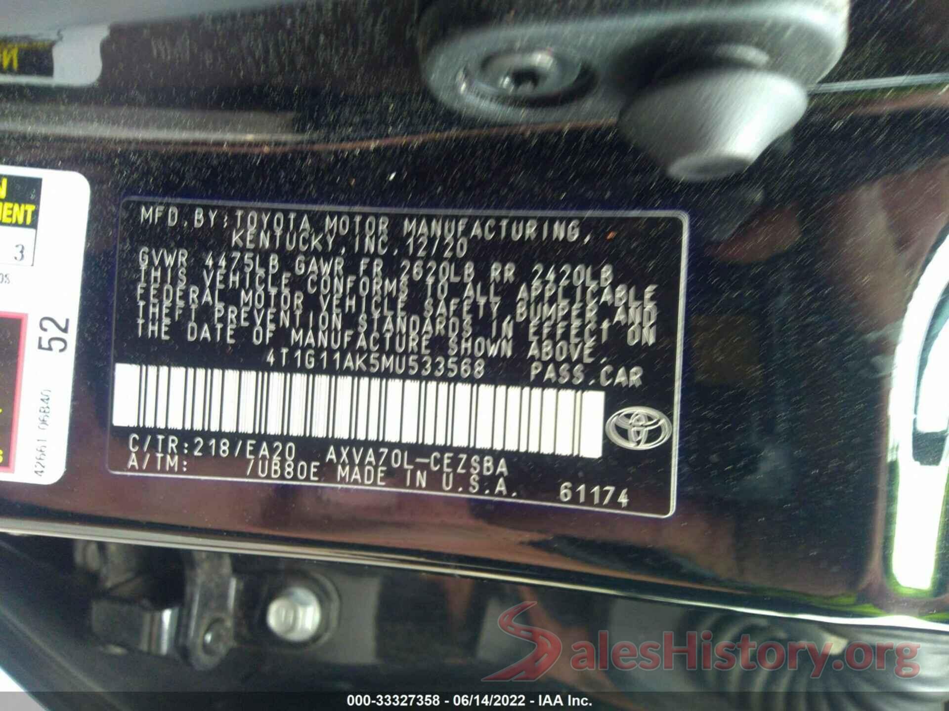 4T1G11AK5MU533568 2021 TOYOTA CAMRY