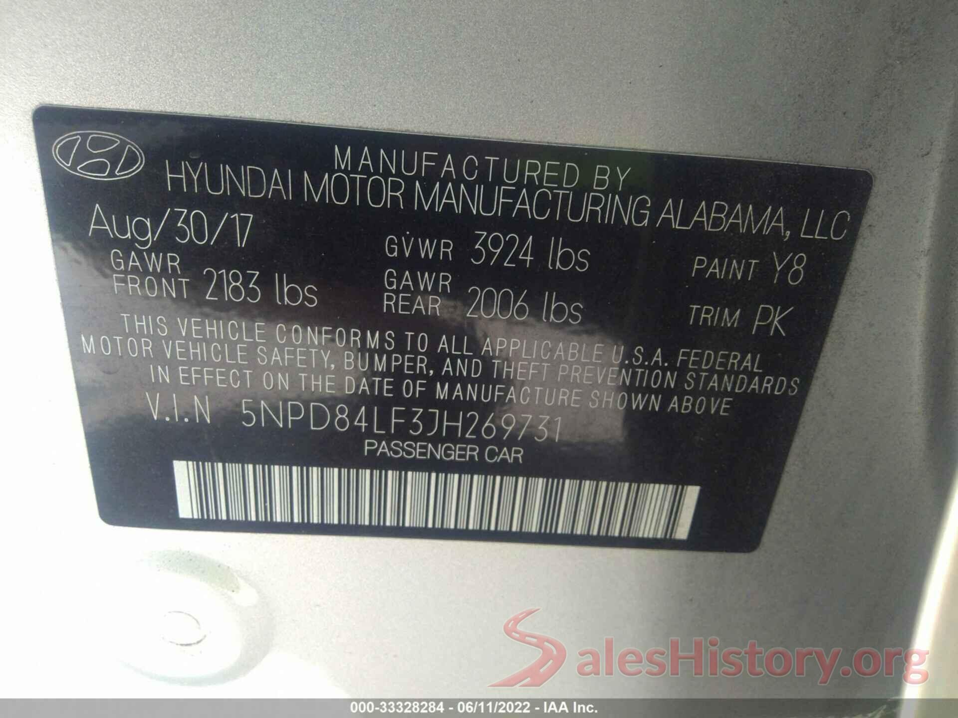 5NPD84LF3JH269731 2018 HYUNDAI ELANTRA