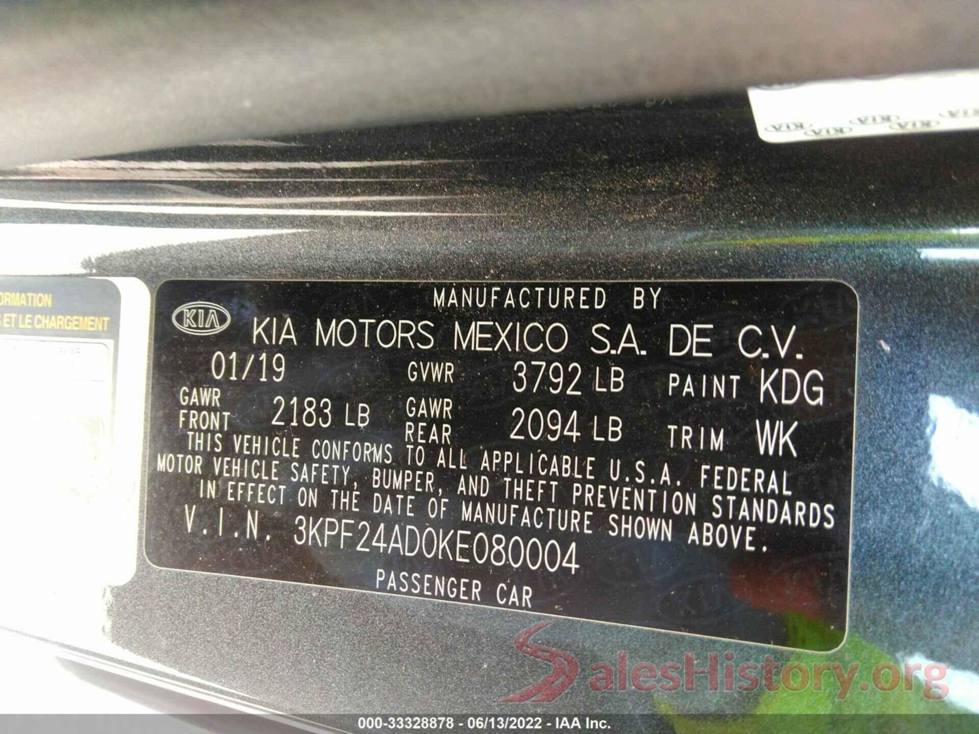 3KPF24AD0KE080004 2019 KIA FORTE