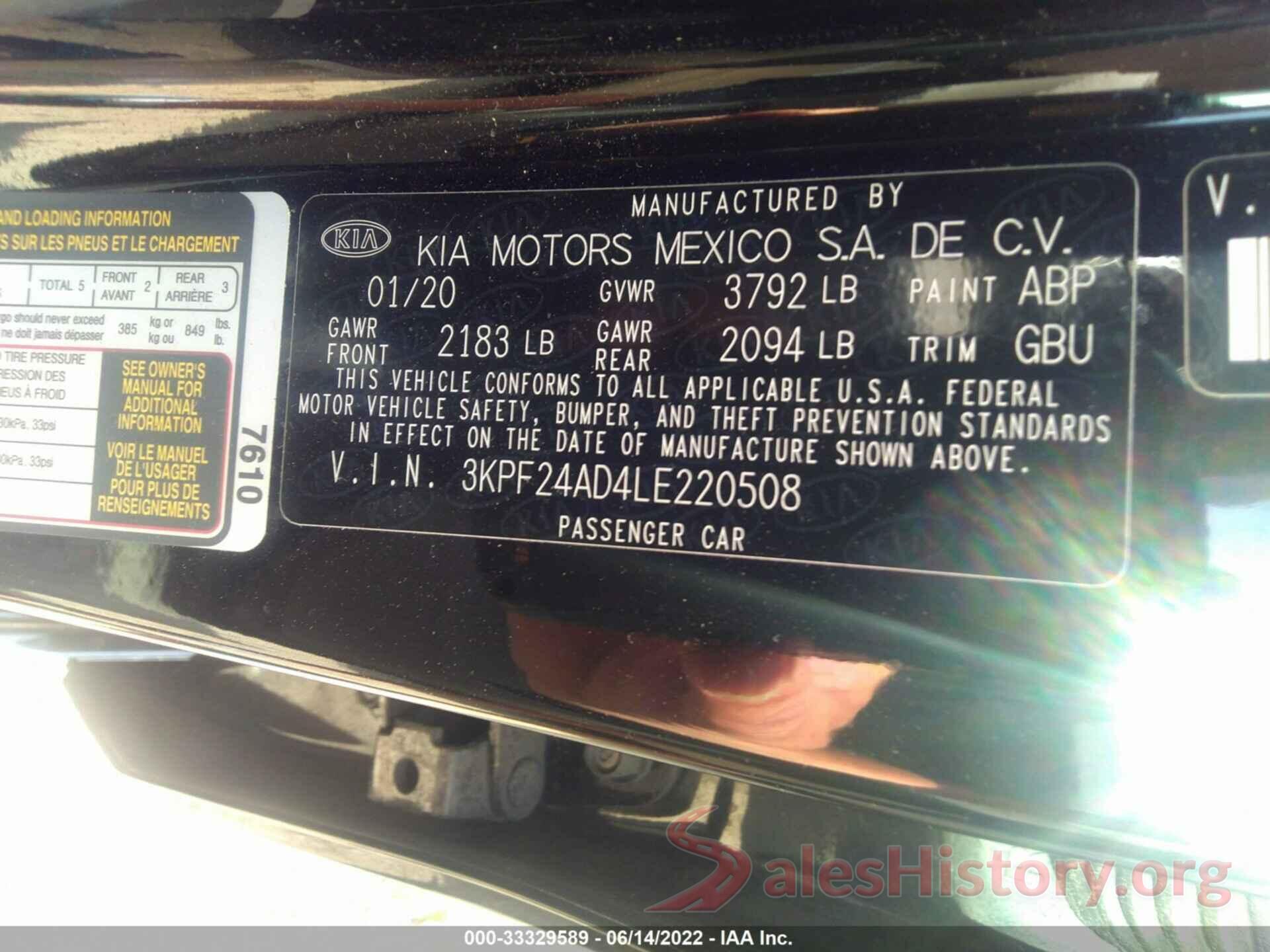 3KPF24AD4LE220508 2020 KIA FORTE