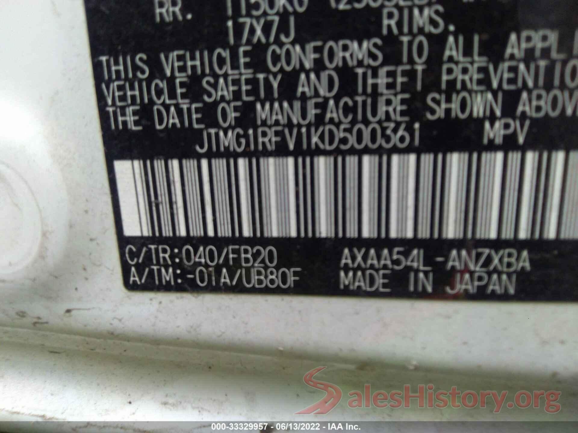 JTMG1RFV1KD500361 2019 TOYOTA RAV4