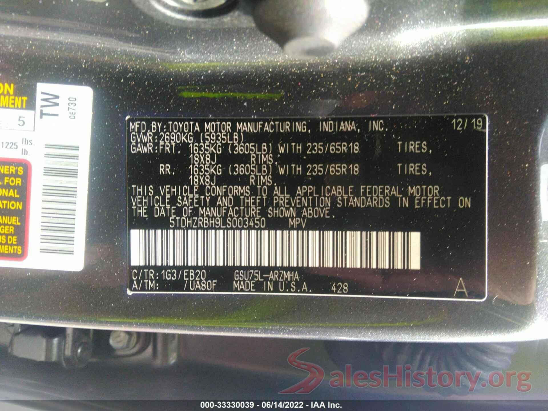 5TDHZRBH9LS003450 2020 TOYOTA HIGHLANDER