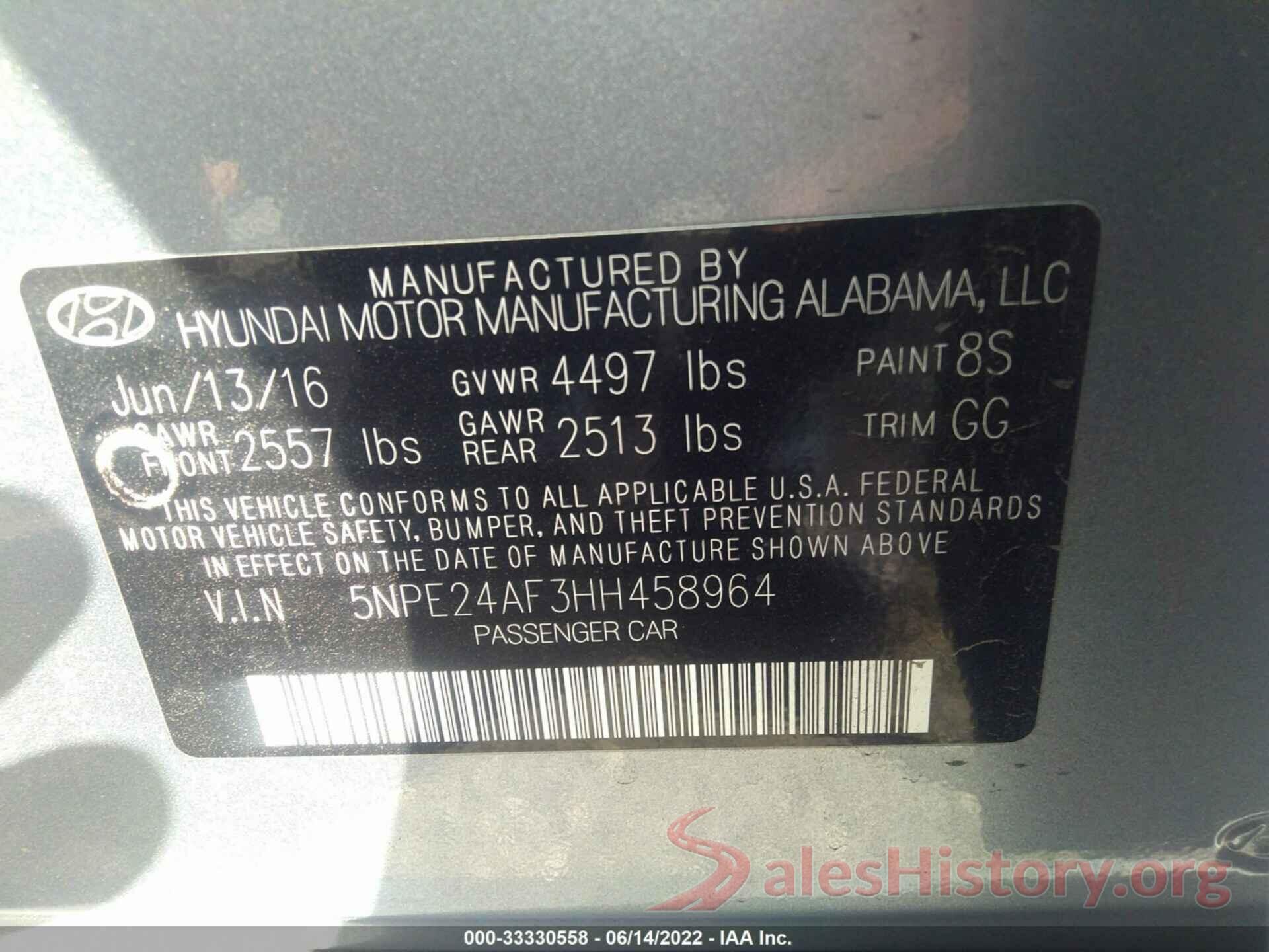 5NPE24AF3HH458964 2017 HYUNDAI SONATA