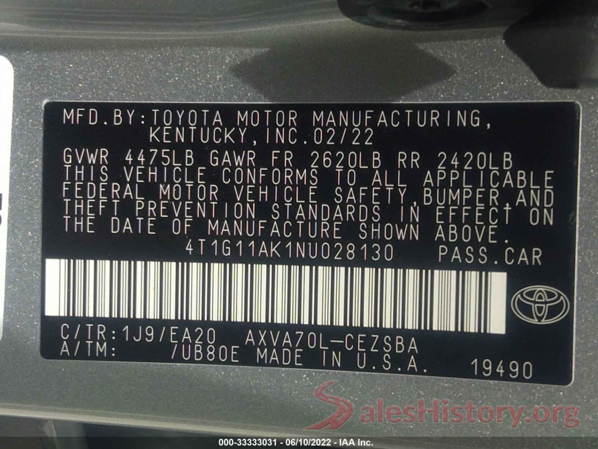 4T1G11AK1NU028130 2022 TOYOTA CAMRY