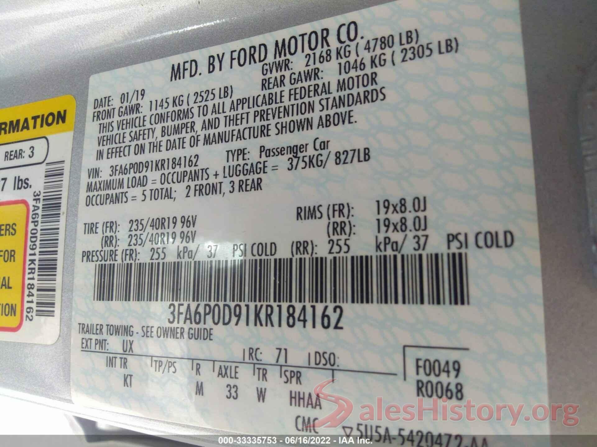 3FA6P0D91KR184162 2019 FORD FUSION