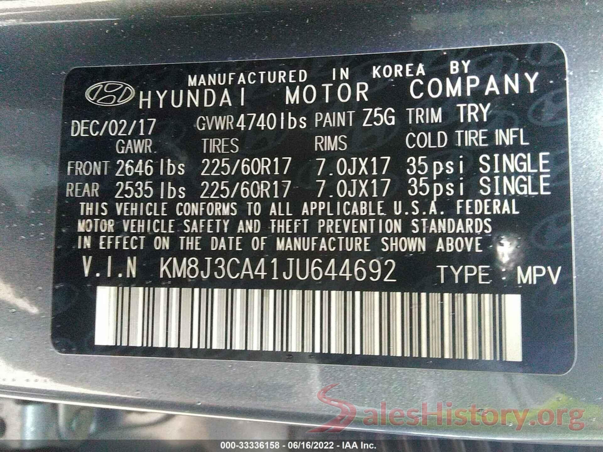 KM8J3CA41JU644692 2018 HYUNDAI TUCSON