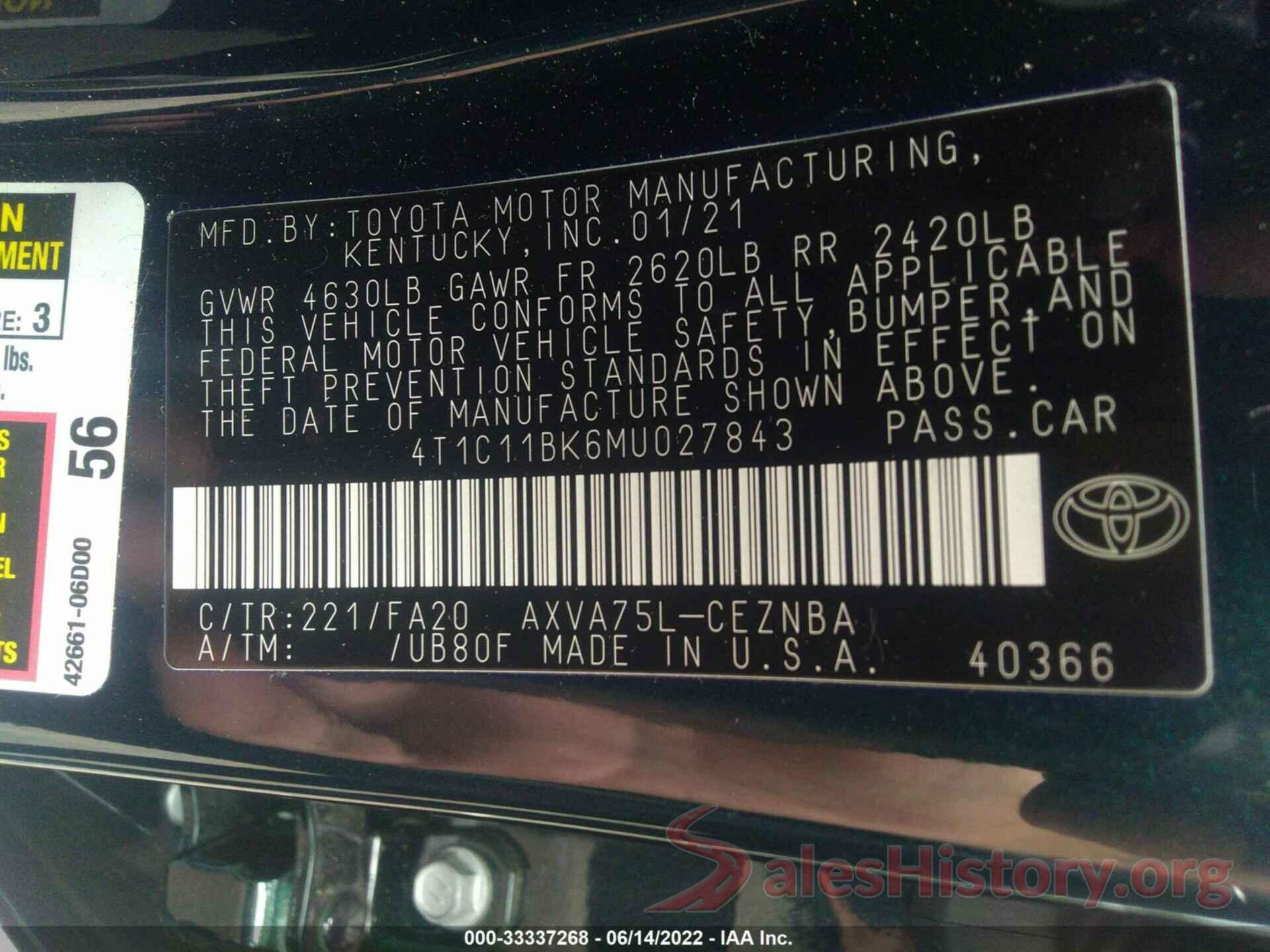 4T1C11BK6MU027843 2021 TOYOTA CAMRY