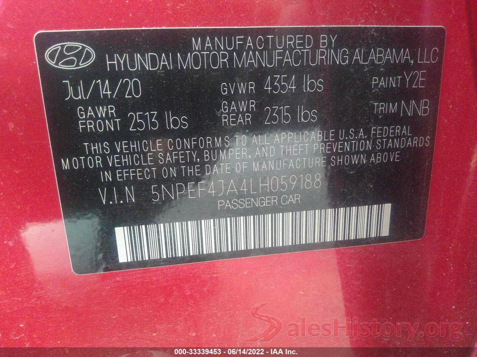 5NPEF4JA4LH059188 2020 HYUNDAI SONATA