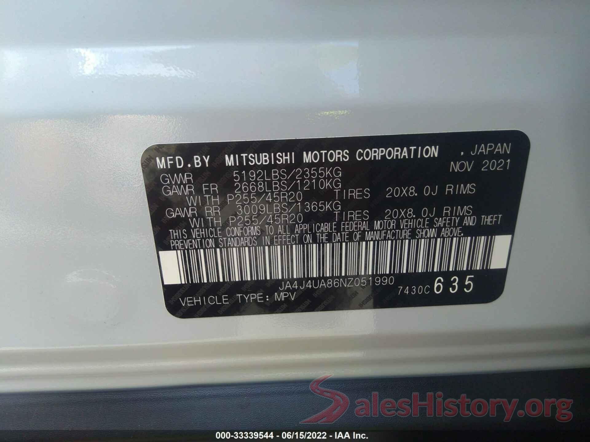 JA4J4UA86NZ051990 2022 MITSUBISHI OUTLANDER