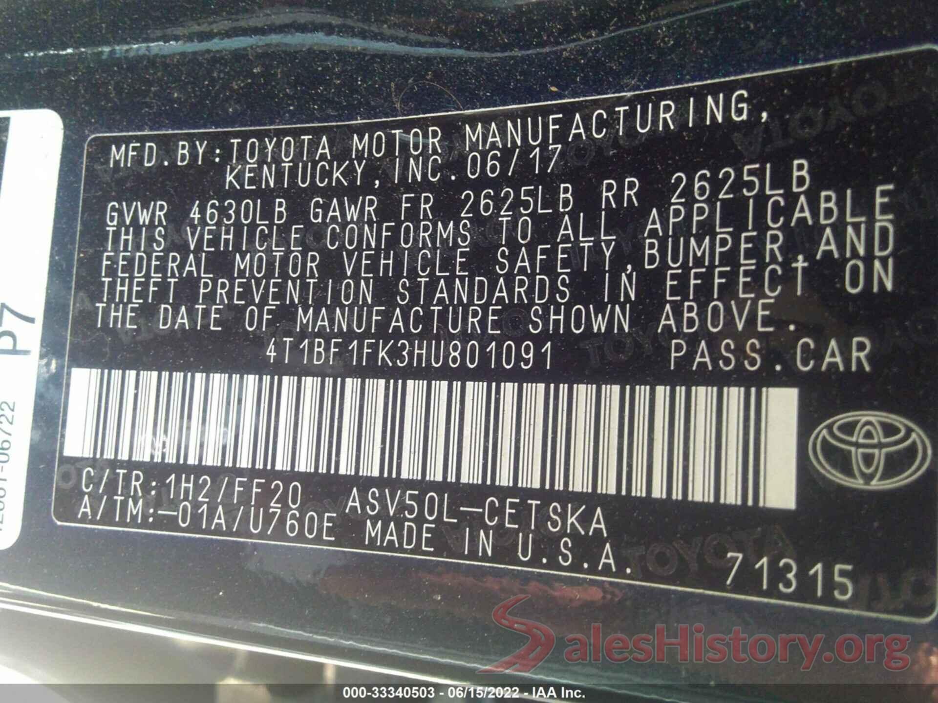 4T1BF1FK3HU801091 2017 TOYOTA CAMRY