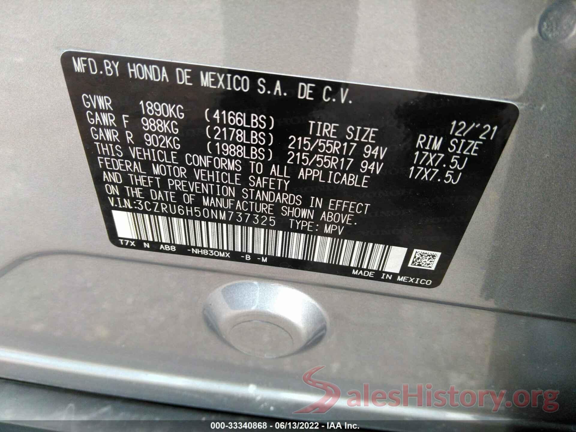 3CZRU6H50NM737325 2022 HONDA HR-V