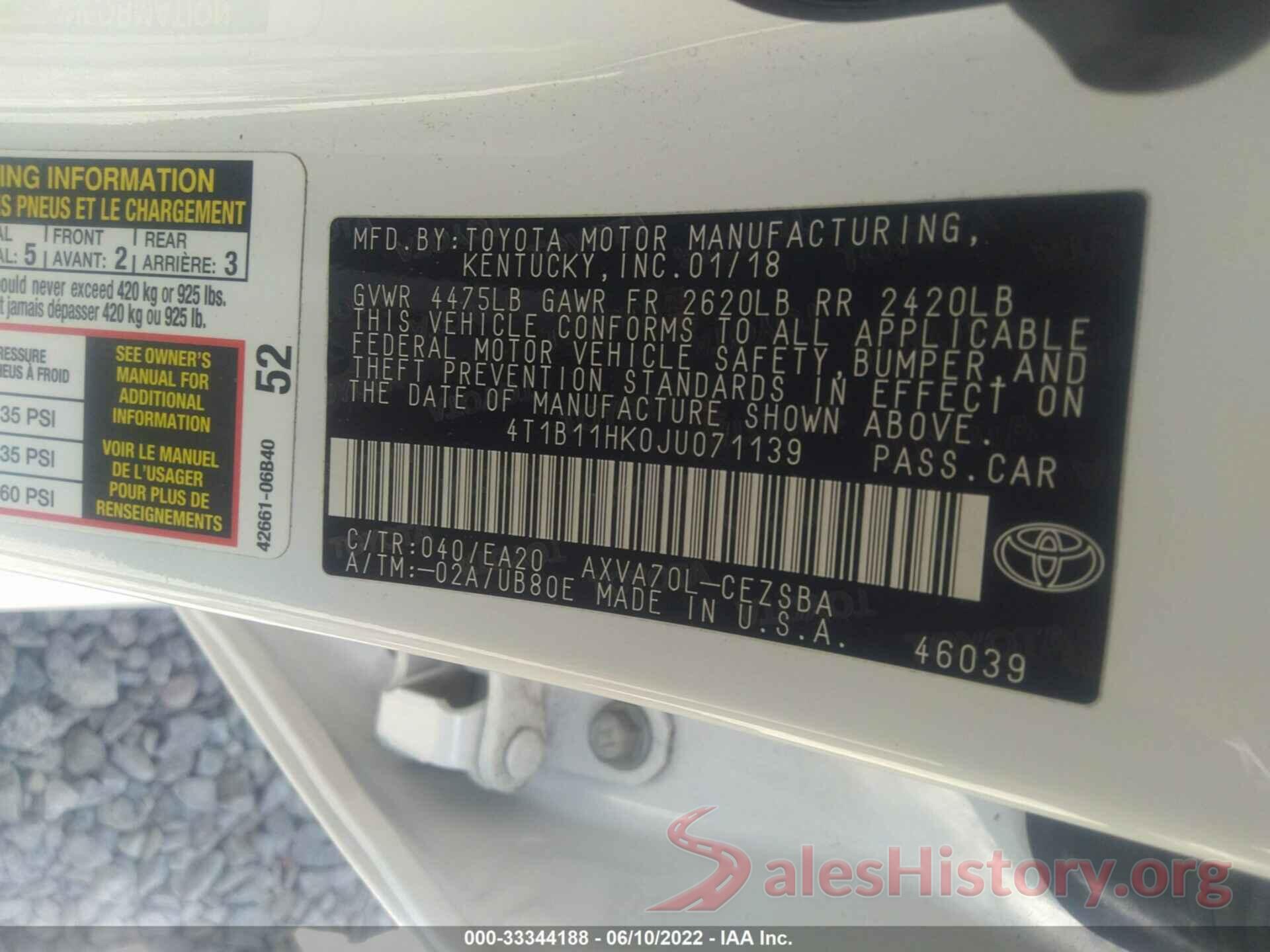 4T1B11HK0JU071139 2018 TOYOTA CAMRY