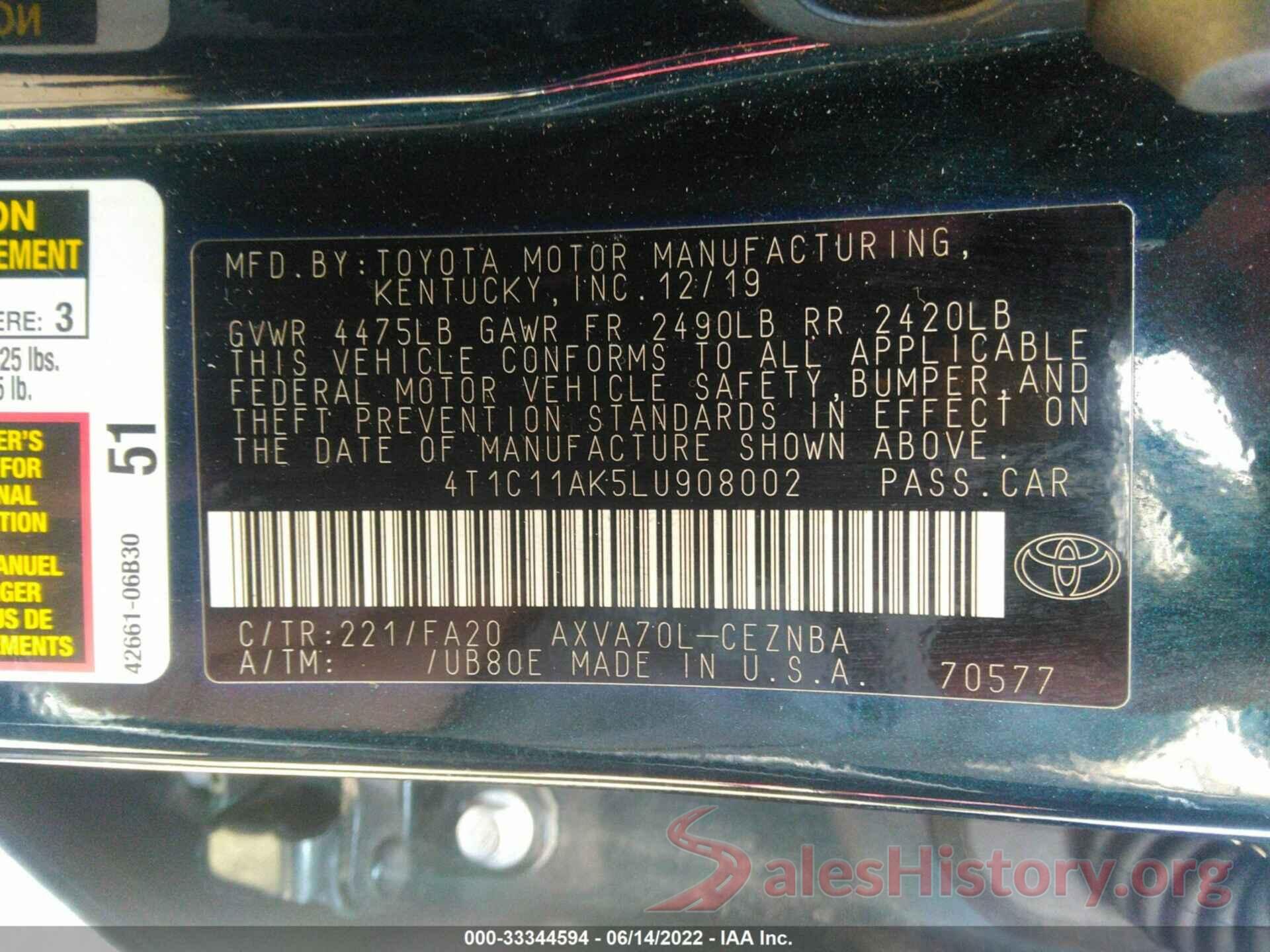 4T1C11AK5LU908002 2020 TOYOTA CAMRY