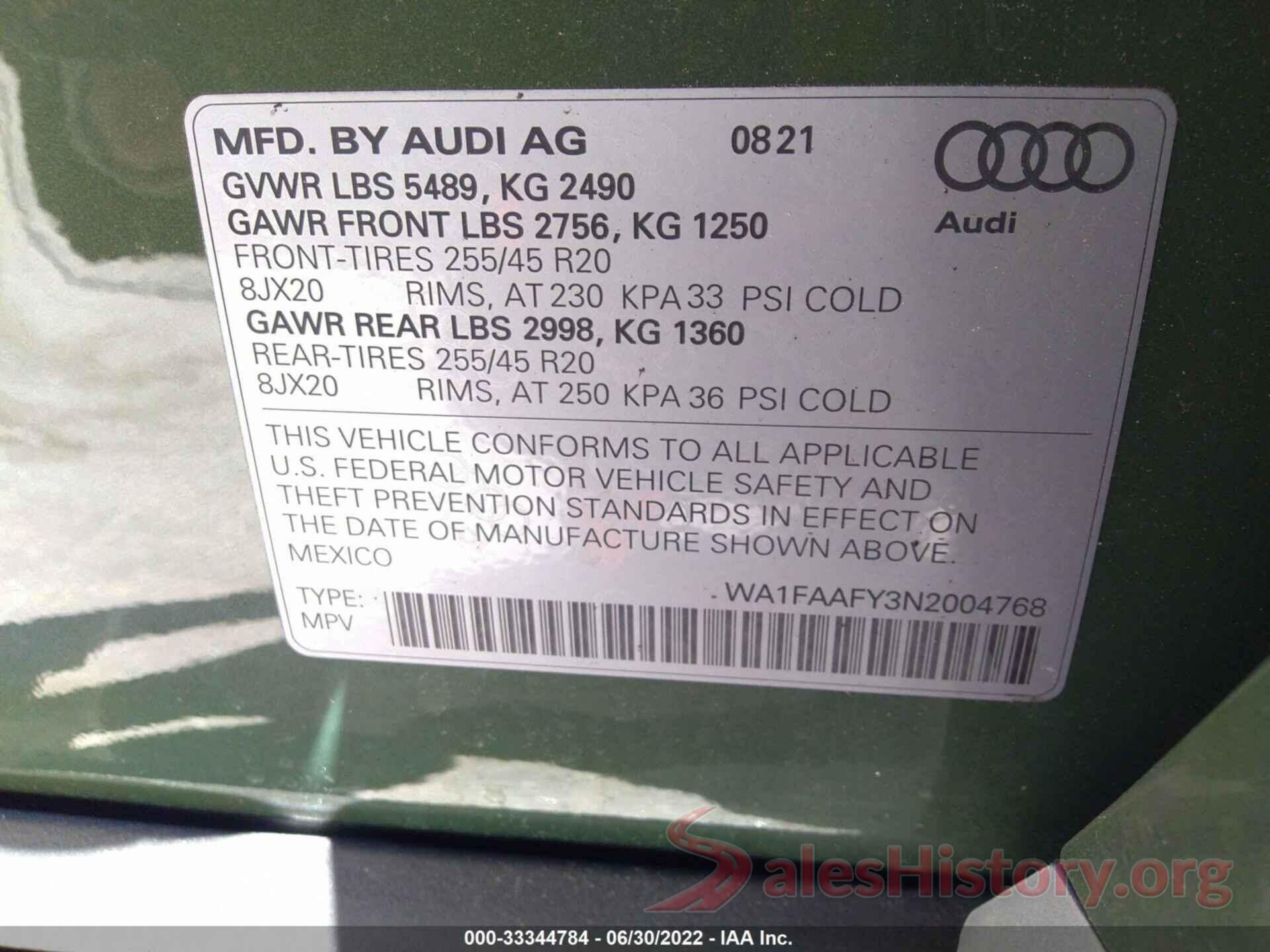 WA1FAAFY3N2004768 2022 AUDI Q5