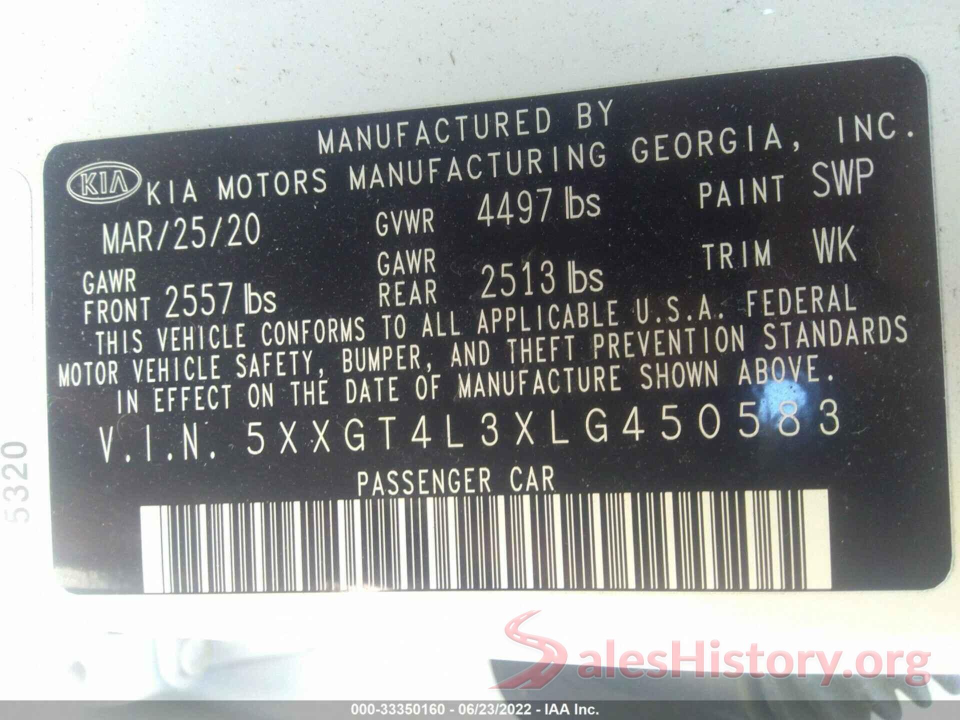 5XXGT4L3XLG450583 2020 KIA OPTIMA