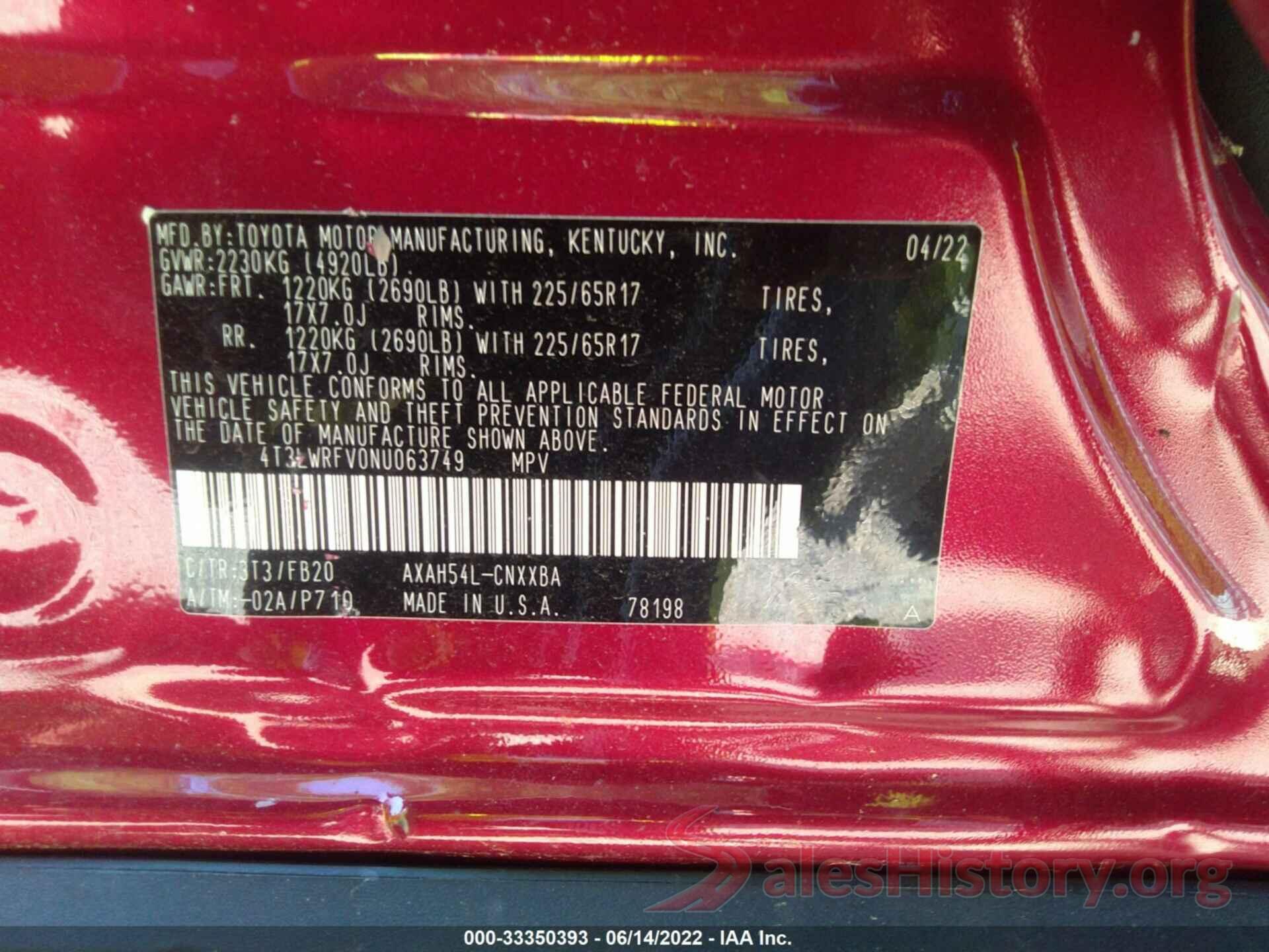 4T3LWRFV0NU063749 2022 TOYOTA RAV4