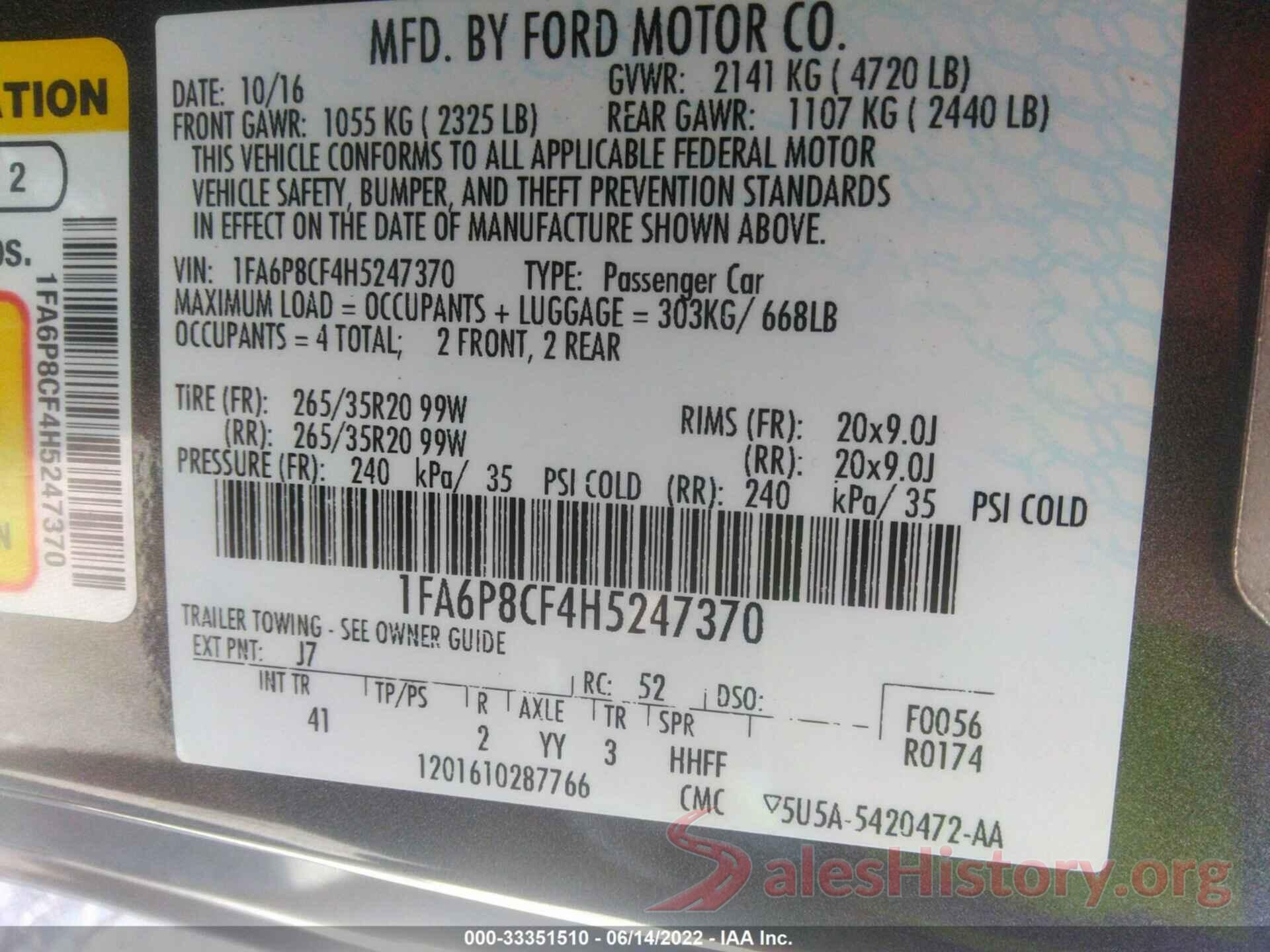 1FA6P8CF4H5247370 2017 FORD MUSTANG