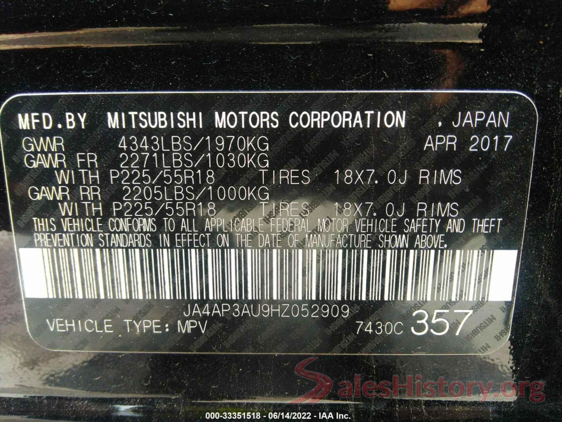 JA4AP3AU9HZ052909 2017 MITSUBISHI OUTLANDER SPORT