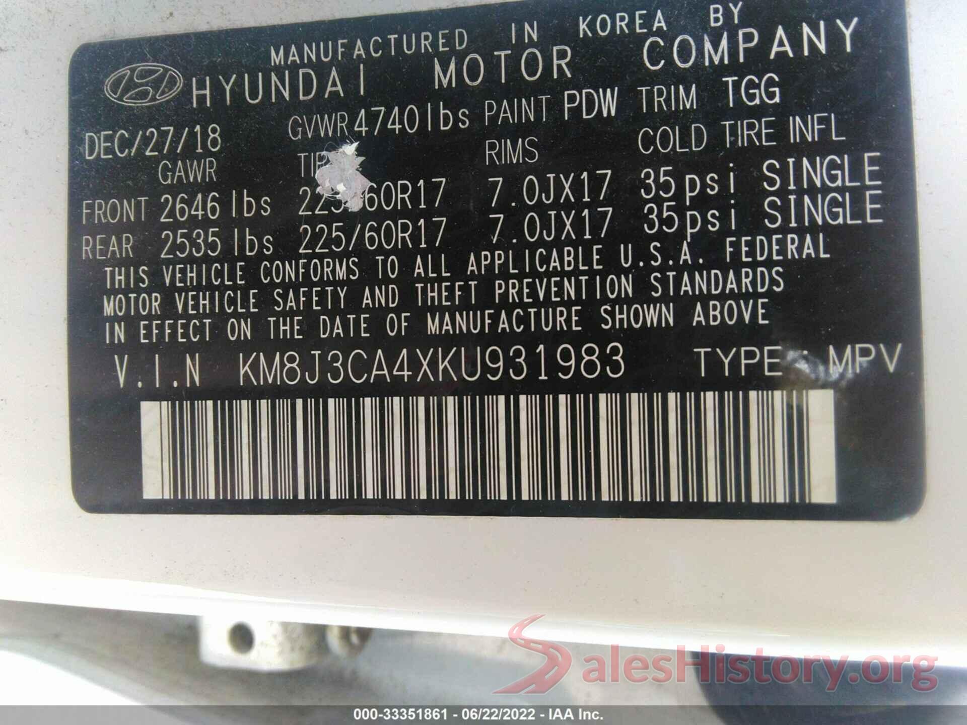 KM8J3CA4XKU931983 2019 HYUNDAI TUCSON