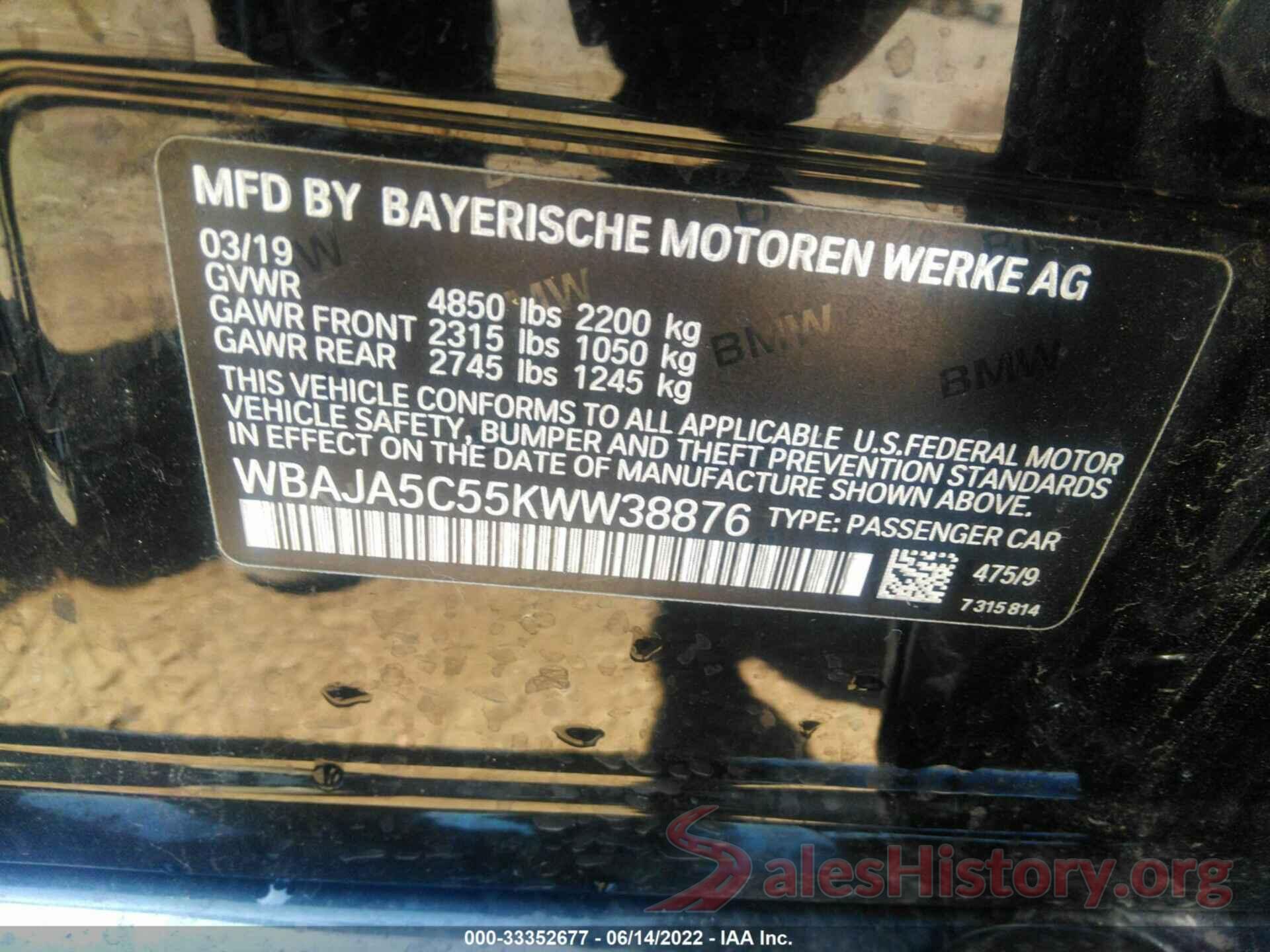 WBAJA5C55KWW38876 2019 BMW 5 SERIES