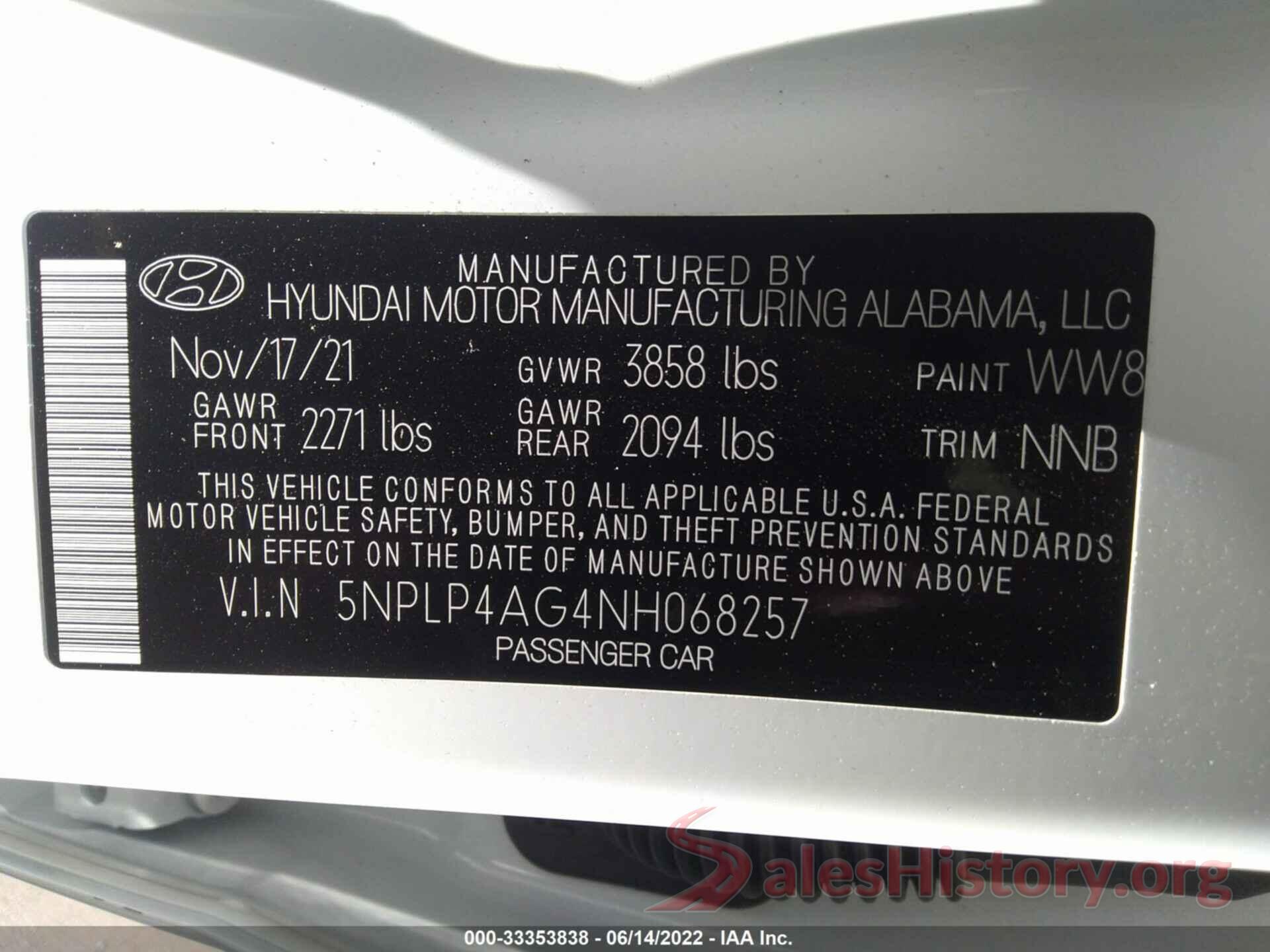 5NPLP4AG4NH068257 2022 HYUNDAI ELANTRA