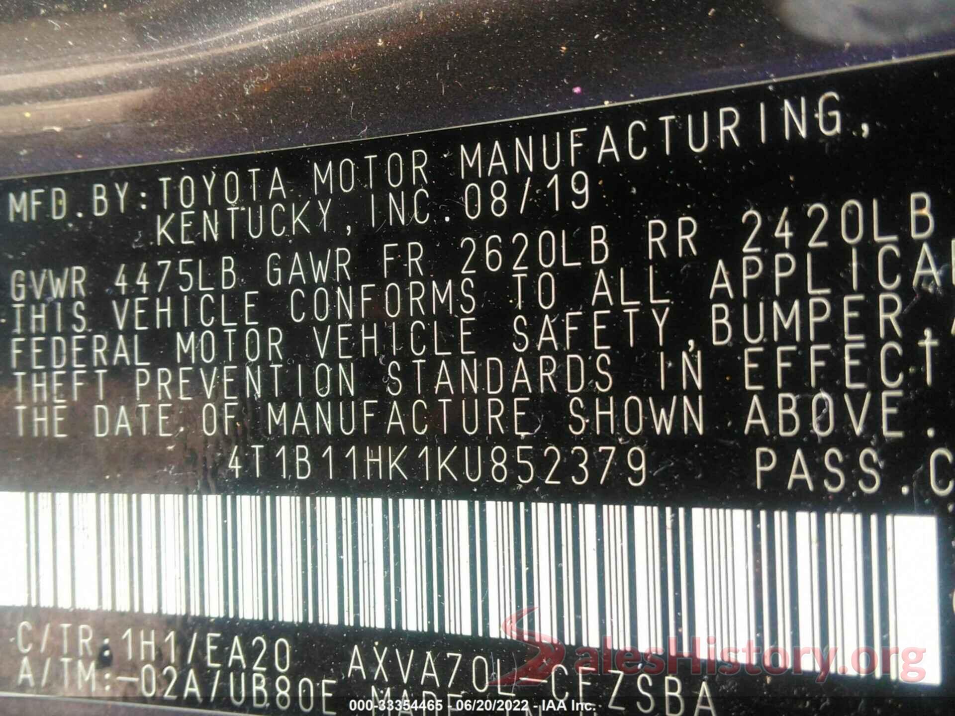 4T1B11HK1KU852379 2019 TOYOTA CAMRY