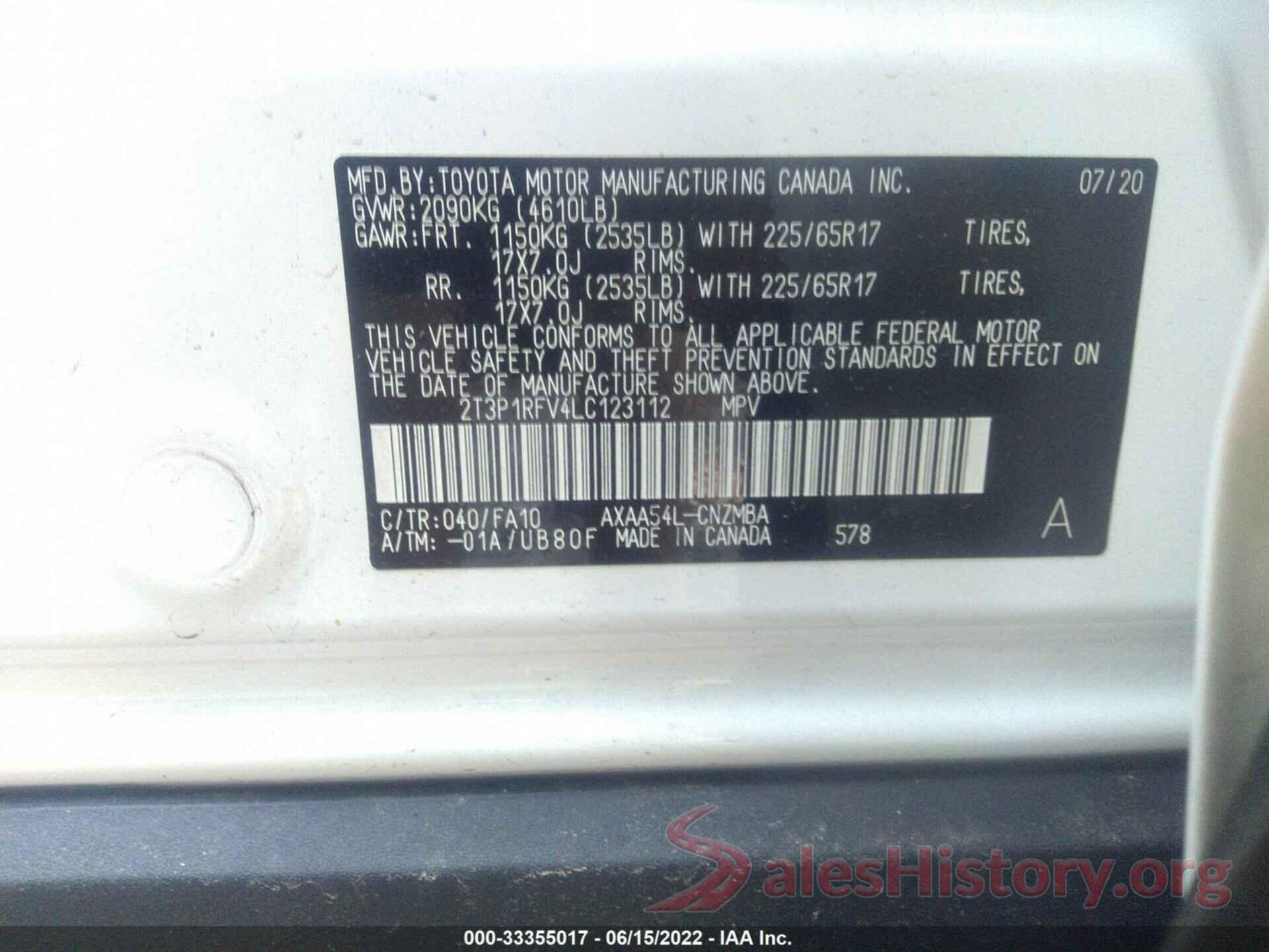 2T3P1RFV4LC123112 2020 TOYOTA RAV4