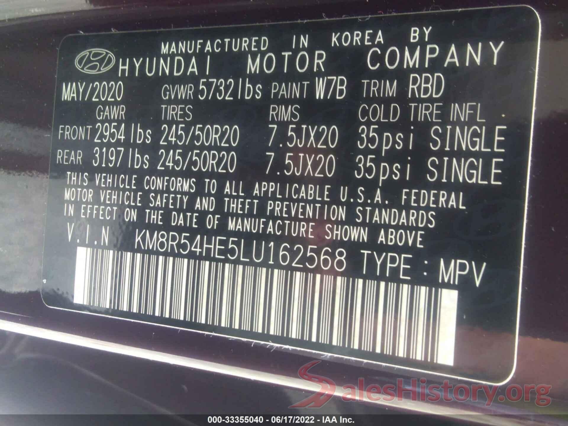 KM8R54HE5LU162568 2020 HYUNDAI PALISADE