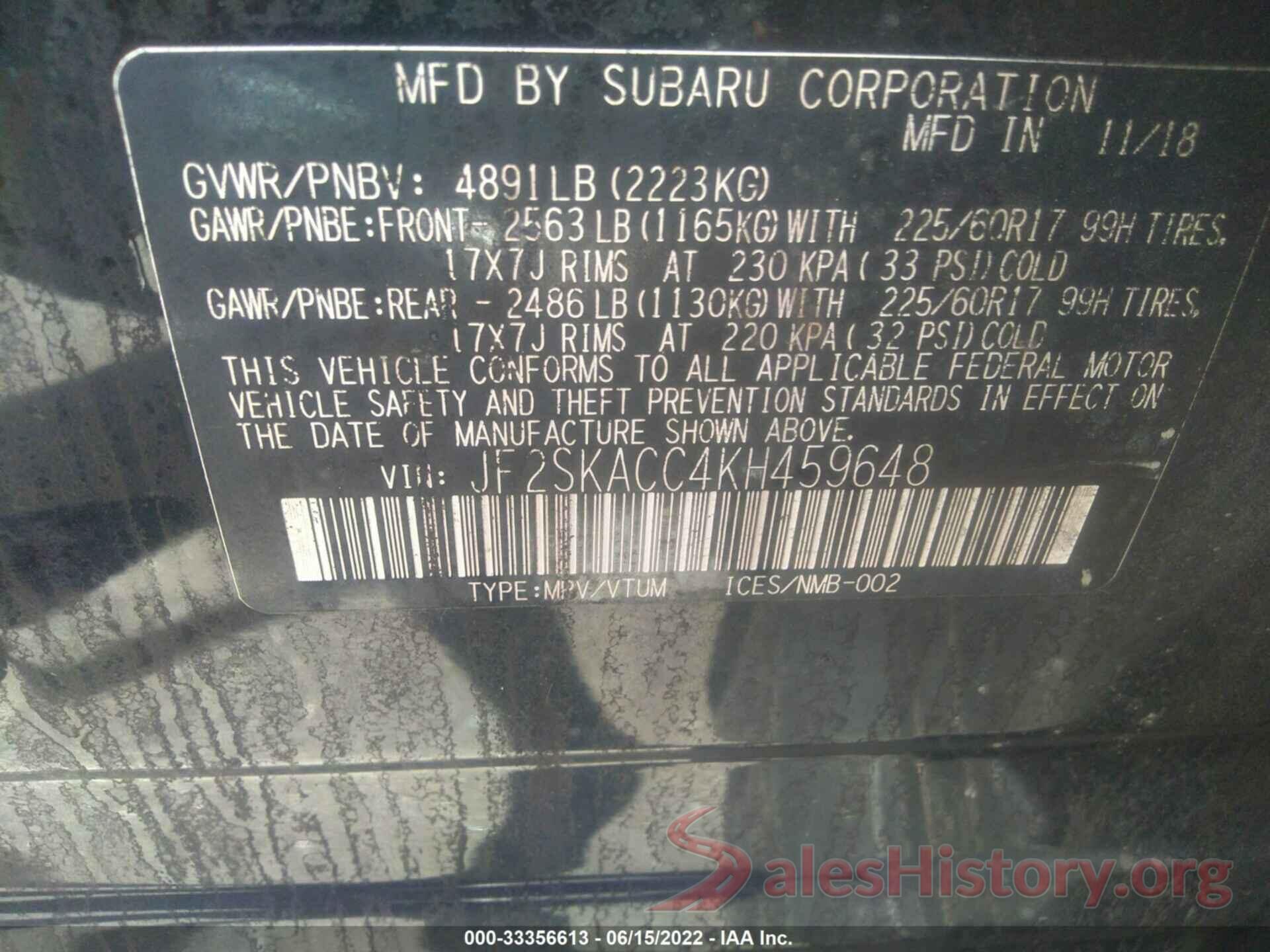 JF2SKACC4KH459648 2019 SUBARU FORESTER