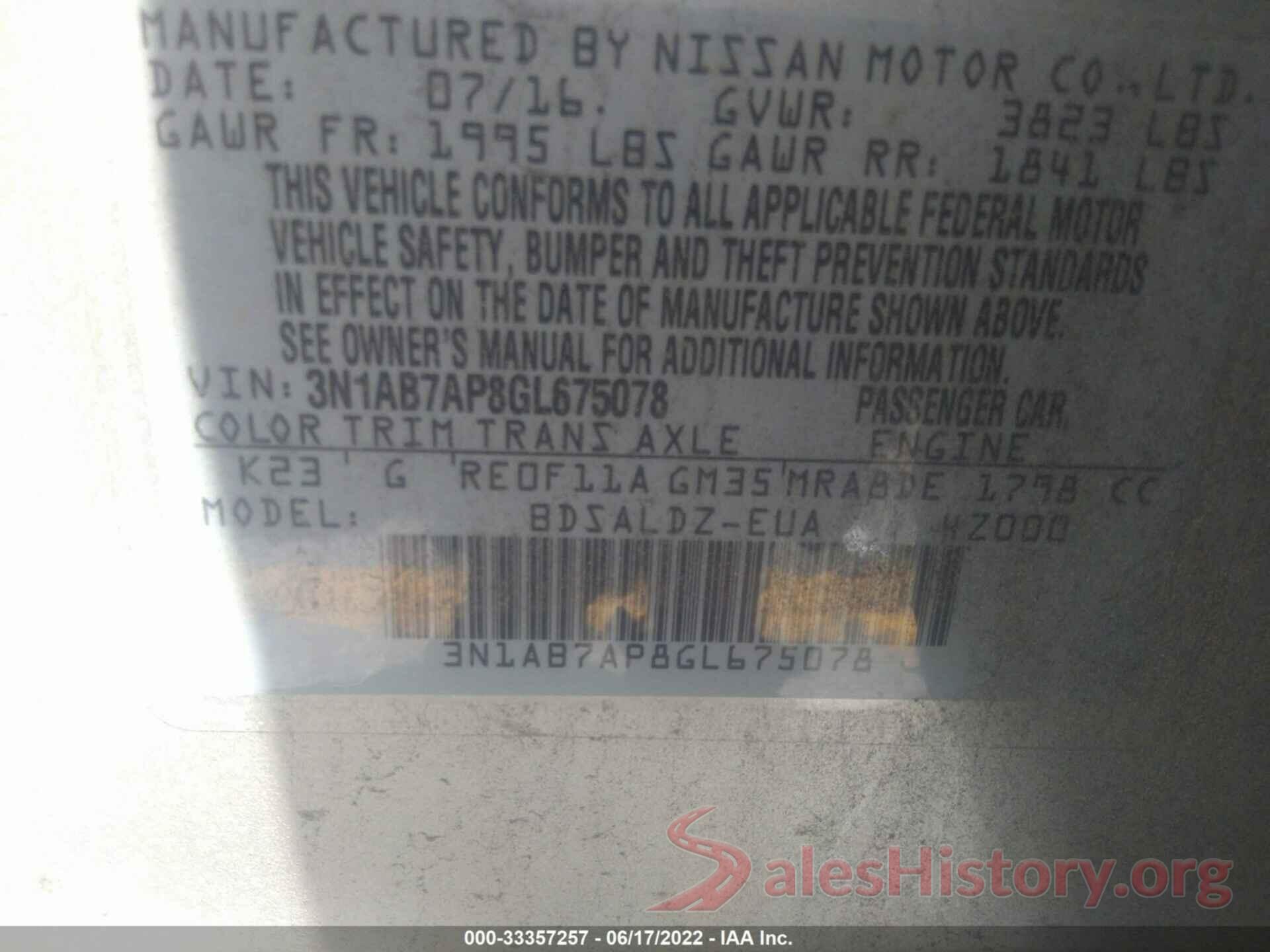 3N1AB7AP8GL675078 2016 NISSAN SENTRA